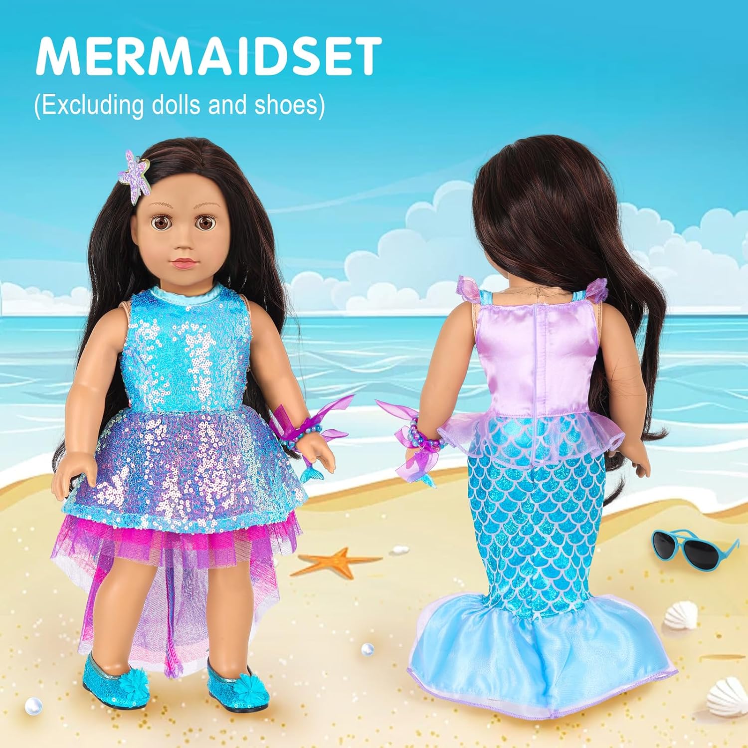American 18 Inch Doll Makeup Accessories and Mermaid Clothes Set,Included 2 Pieces Clothes,Mermaid Messenger Bag,Starfish Hairpin,Lipstick,Necklace,Bracelet,Eye Shadow and Sticker(NO Doll and Shoes)