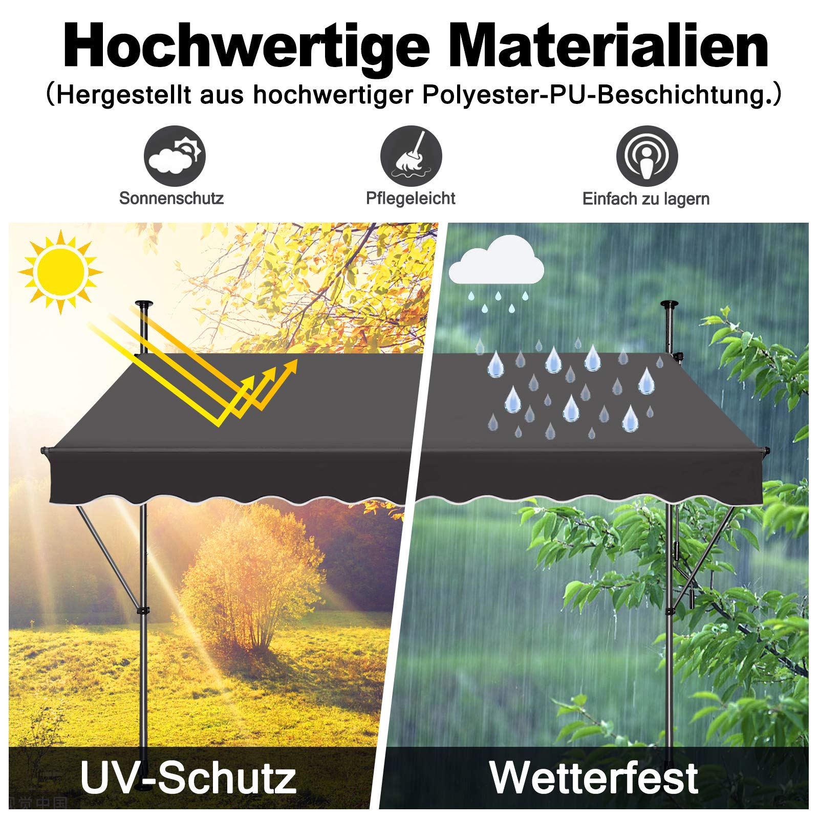 LZQ Auvent de balcon - Rétractable - Manivelle manuelle - Réglable en hauteur - Résistant aux UV - Protection solaire - Pour les cours, balcons, restaurants, cafés, gris foncé - 250 x 120 cm