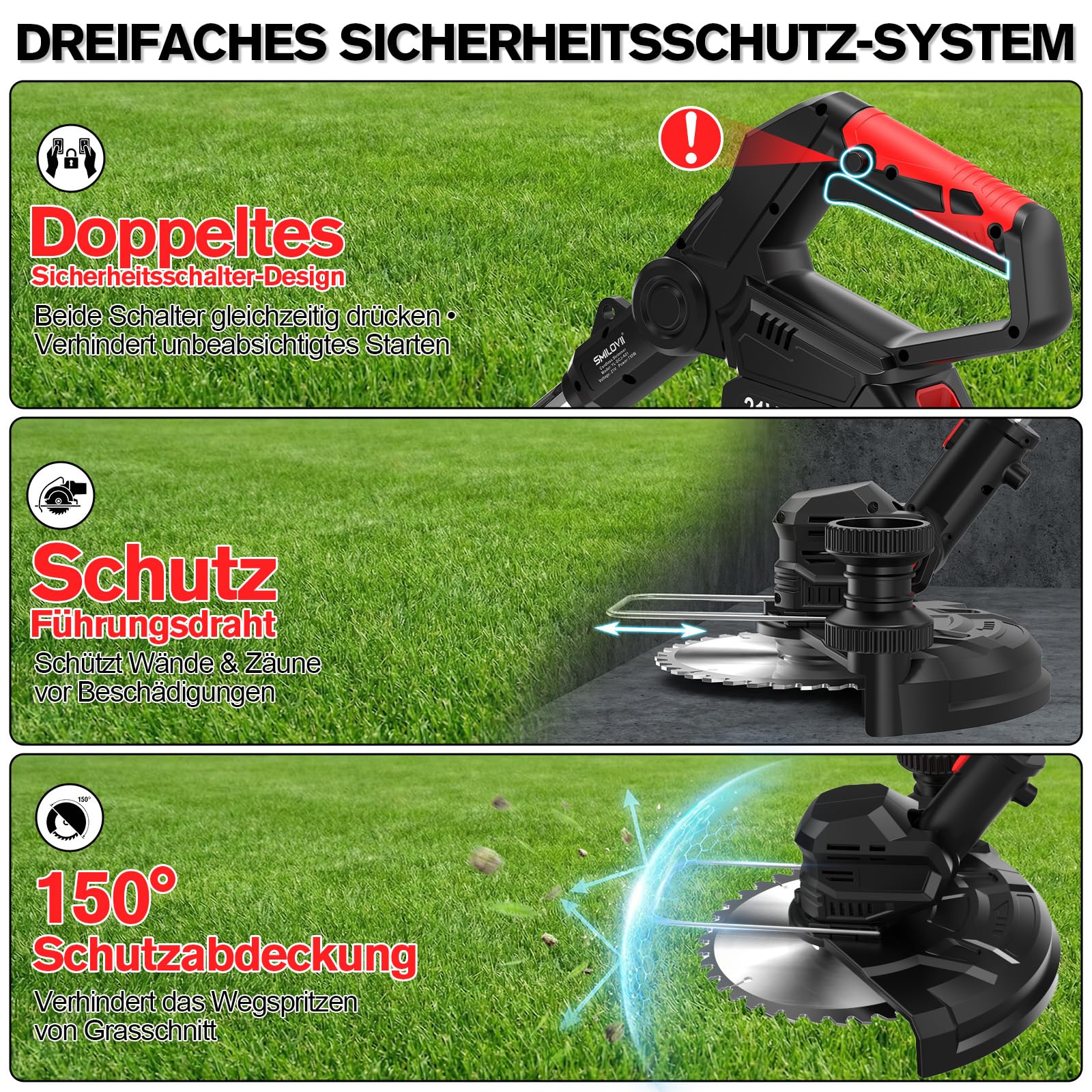 Rasentrimmer mit Akku 21V, 4-in-1 Freischneider & Motorsense 24000 RPM, Rasenkantenschneider inkl. 2X 2.0Ah Batterien, Rädern, 90° drehbarer Kopf & LCD-Anzeige (Profi-Serie)