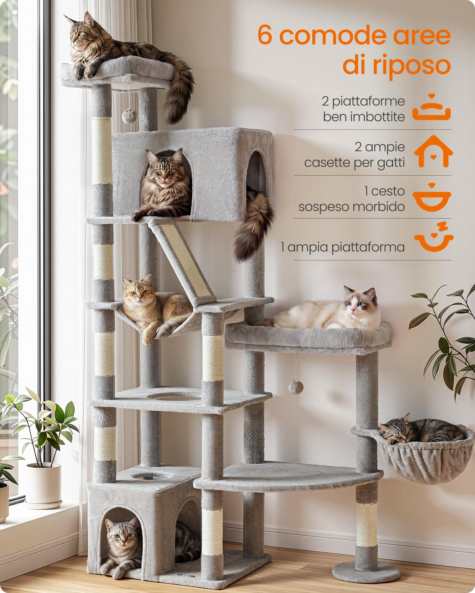 Feandrea Wielopoziomowy Drapak dla Kota, Drzewko dla Kota ze Słupkami Sizalowymi, Stabilna Wieża dla Dużych Kotów, 105 x 45 x 188 cm, Jasnoszary, Kolekcja CLAWFY PCT016G101