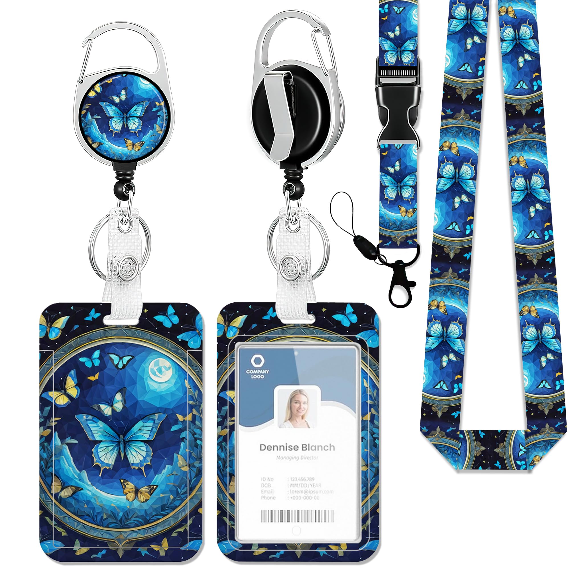 Badge Holder with Lanyard,Blue Butterfly Night Lanyards for ID Badges, Badge Holder with Breakaway Lanyard Keychain, Card Protector for Women, Gifts