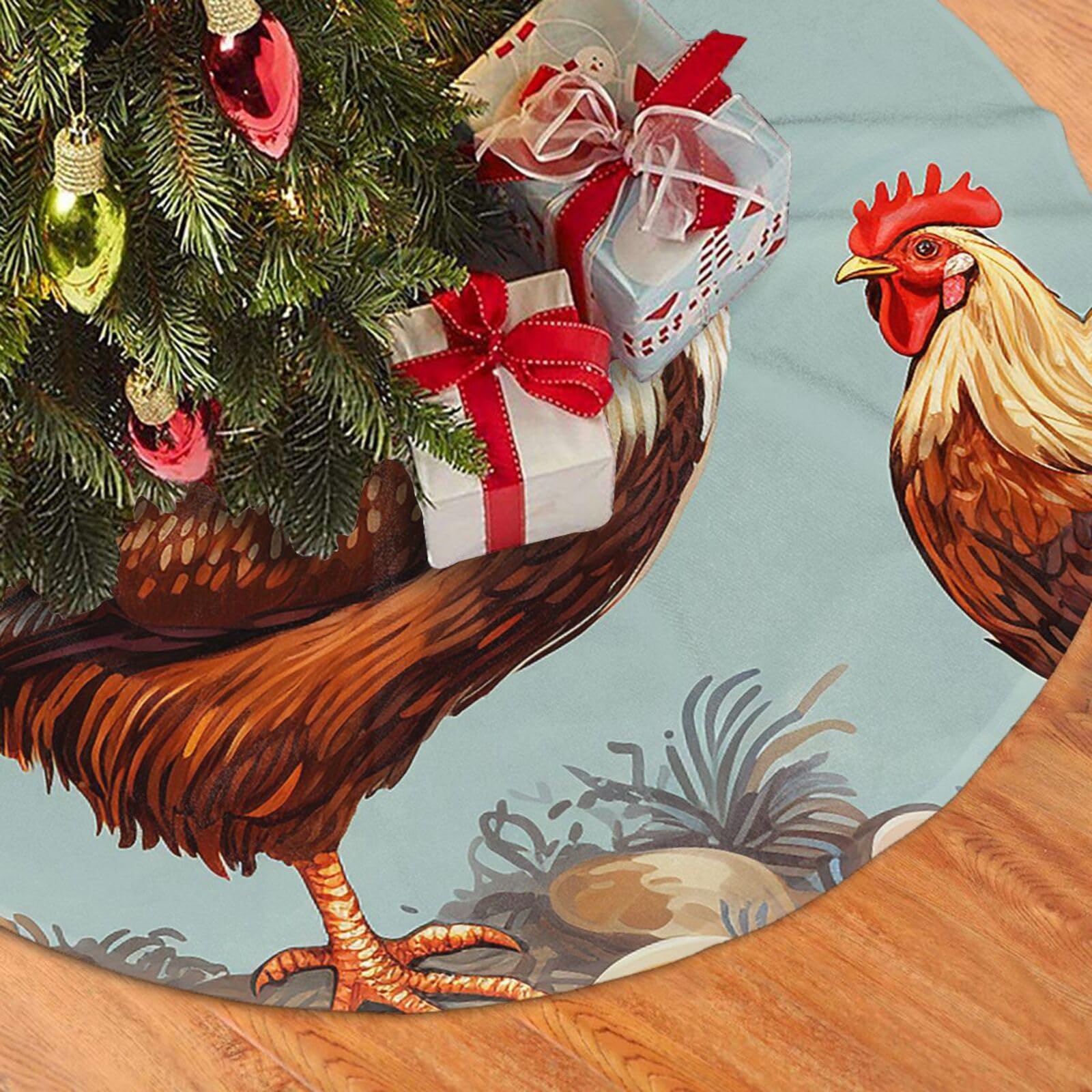 Fodpand Black Chicken Print Christmas Tree Skirt 48" Velvet Xmas Tree Skirt Mat Rustic Christmas Tree Mat Cover Winter Xmas Tree Collar For Indoor Outdoor Christmas Decorations