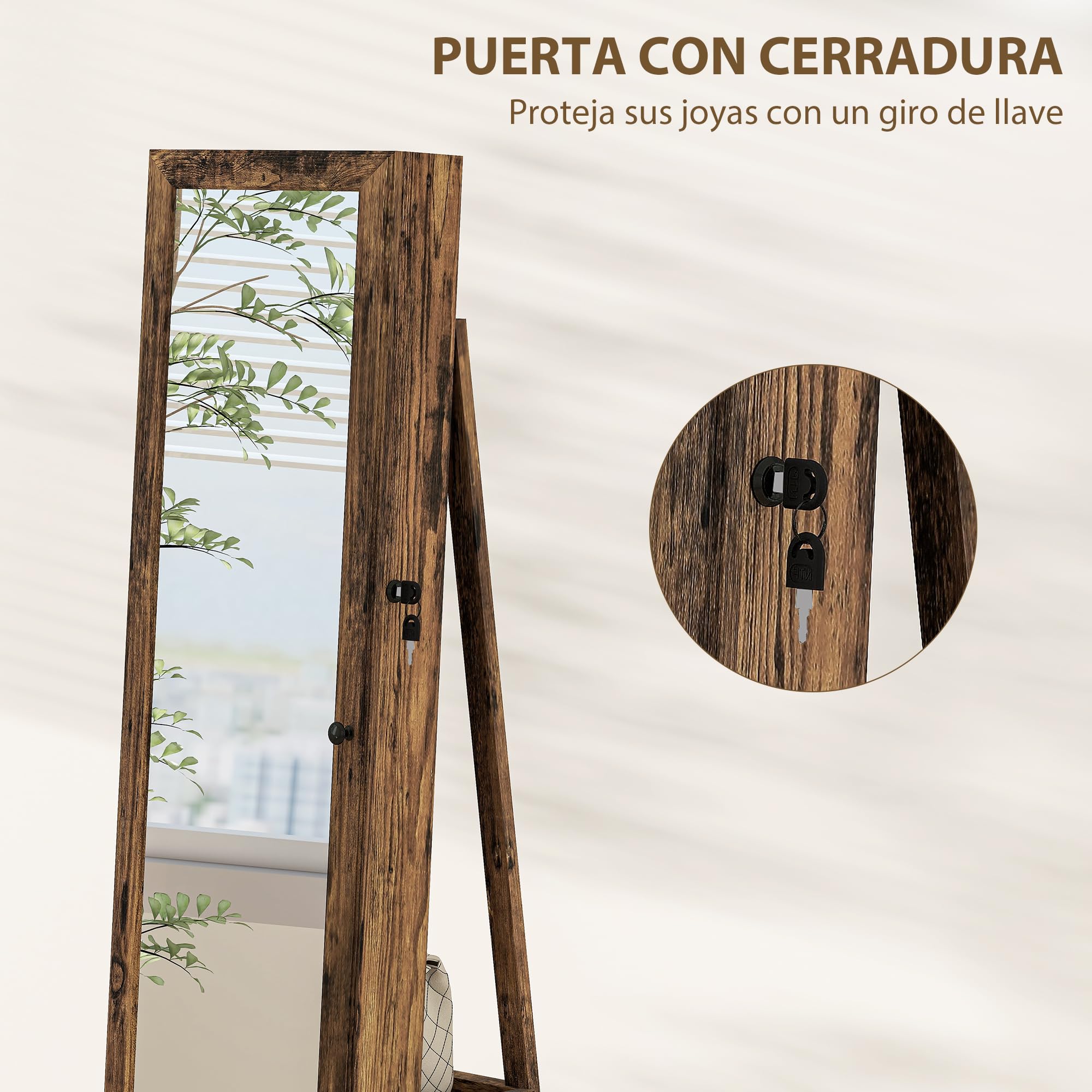 HOMCOM Espejo Joyero de Pie Giratorio 360° con Cerradura, Marrón Rústico