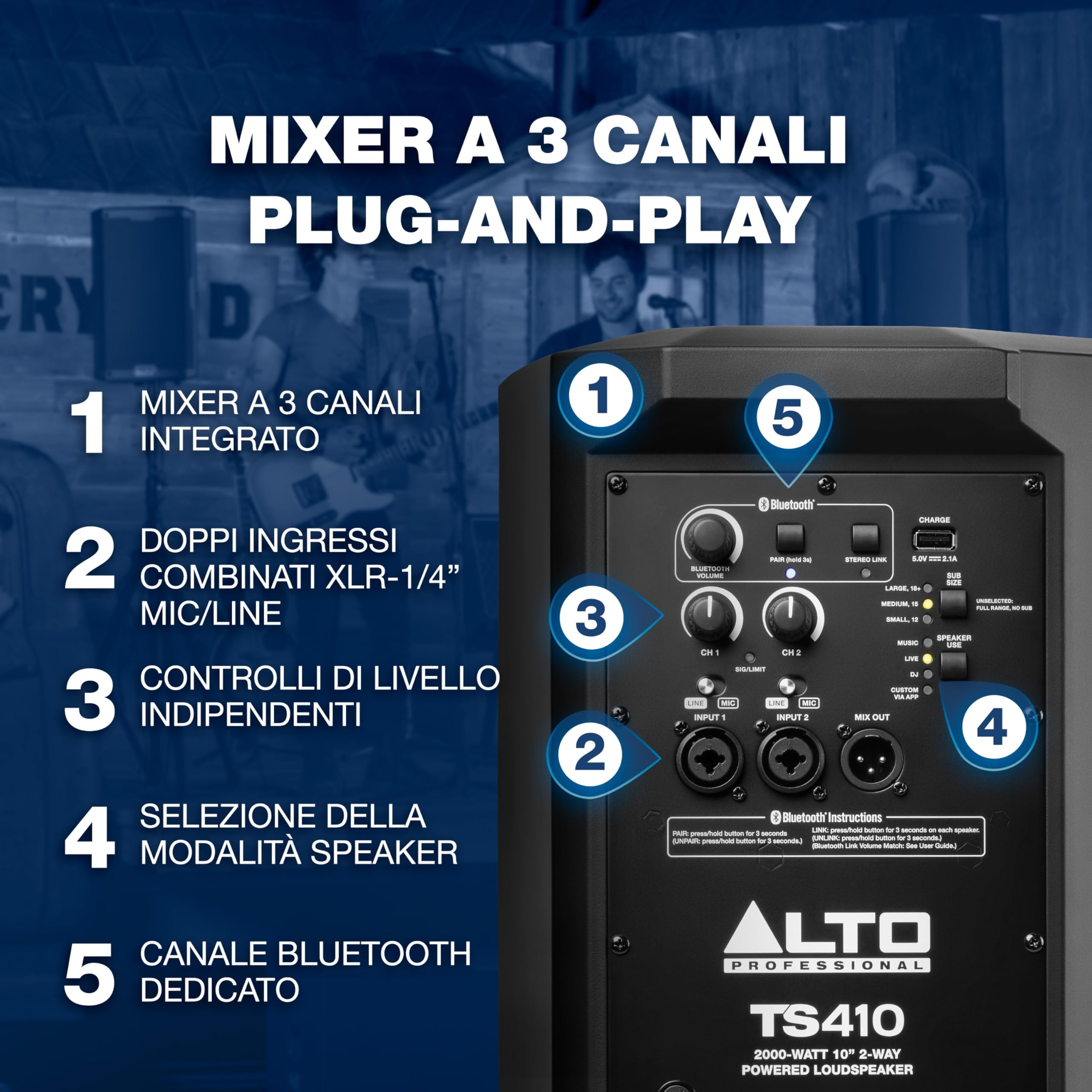 ALTO TS410 Cassa Amplificata Attiva da 10" e 2000W, Potente con Bluetooth, Mixer a 3 Canali, Connessione tra Altoparlanti Wireless, DSP e App