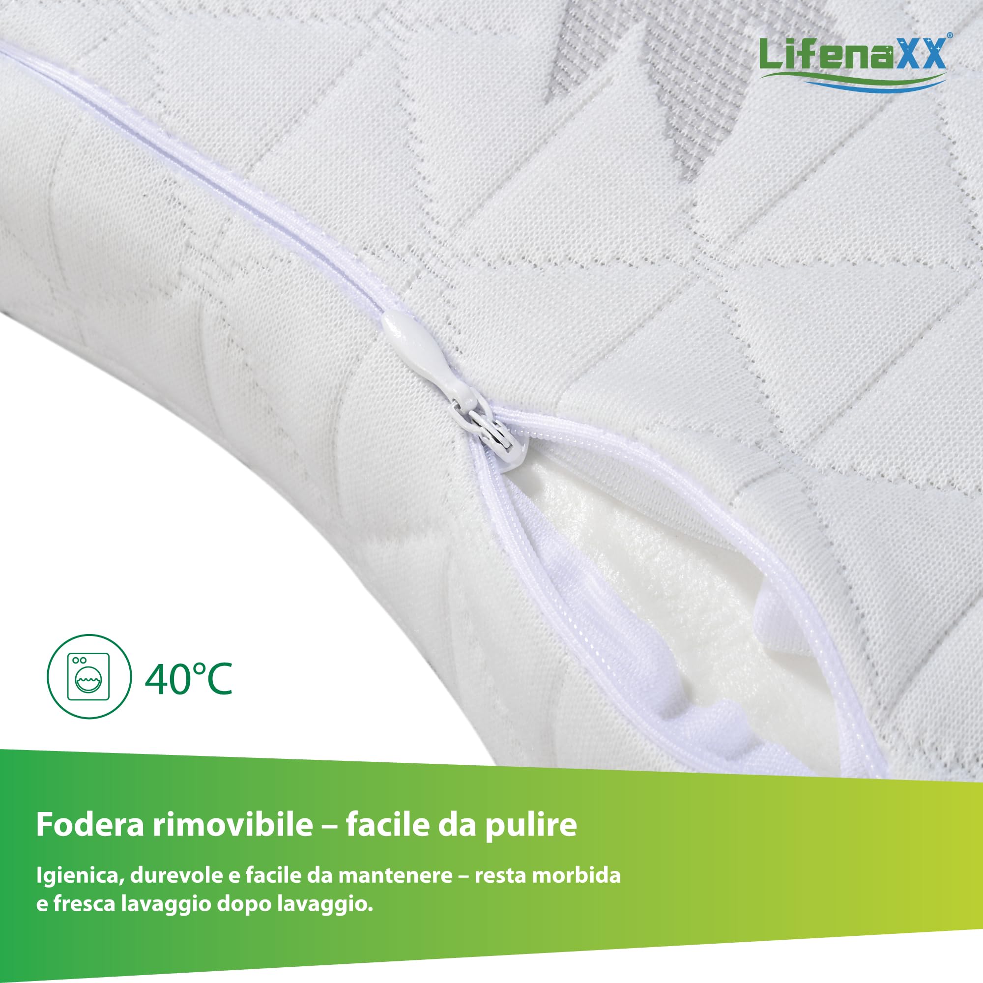 Lifenaxx Cuscino cervicale in canapa LX-053 – Cuscino ergonomico in memory foam con fodera rimovibile e lavabile – Supporto naturale per il collo, traspirante e confortevole