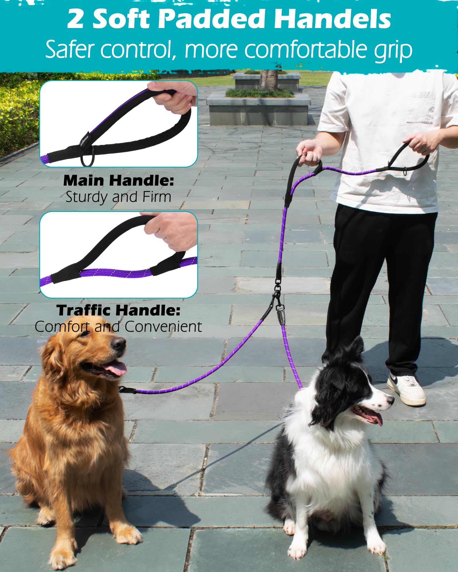 PetBonus Rope Double Dog Lead, No Tangle Dual Lead, Reflective Walking Training Leash with Two Comfortable Padded Handles - Image 4