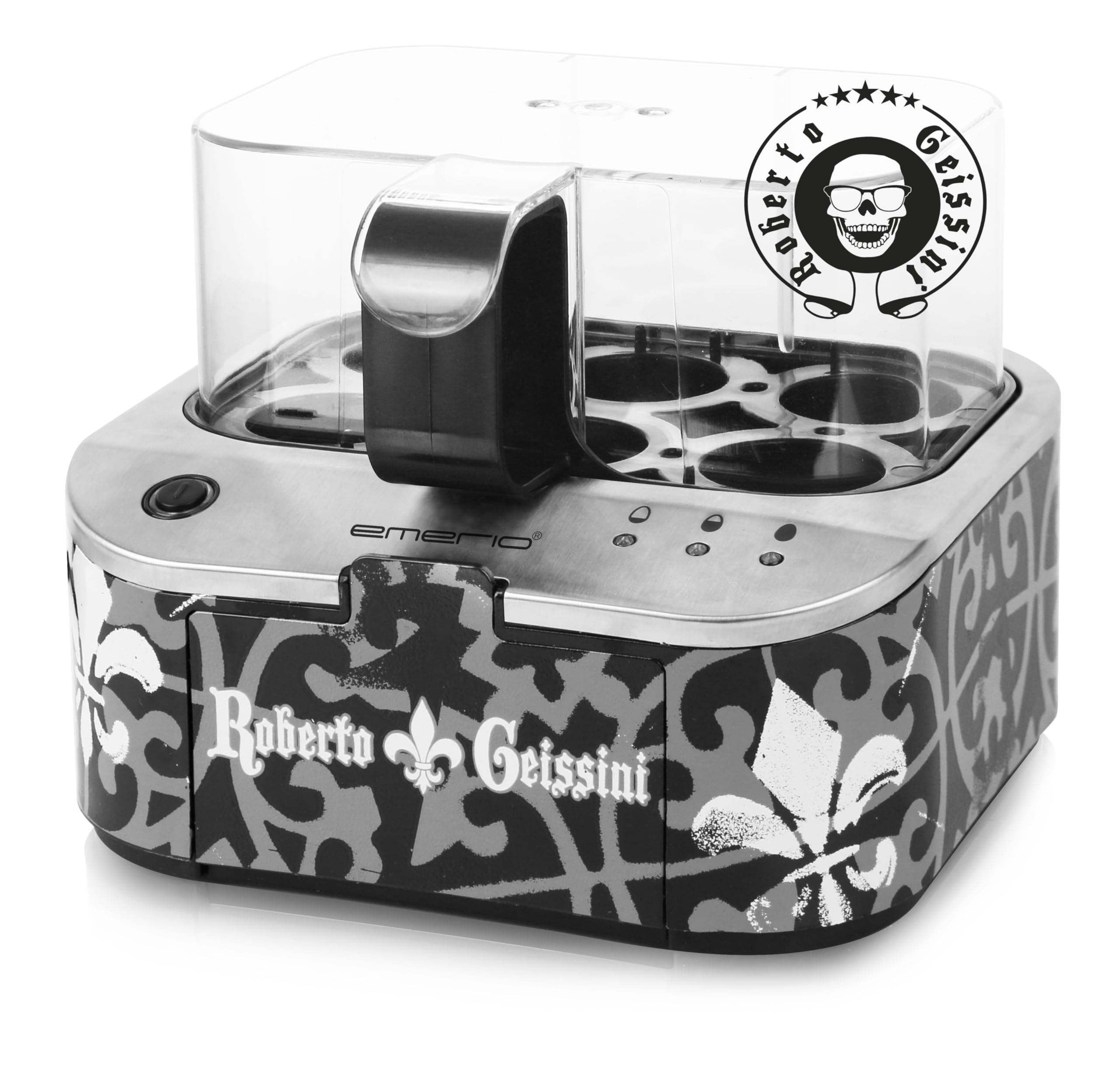 ROBERTO GEISSINI | einzigartiger Eierkocher mit der Stimme von CARMEN GEISS | Limited Edition by EMERIO | kocht alle drei Garstufen [weich|mittel|hart] in nur einem Kochvorgang | ein Muss für Fans