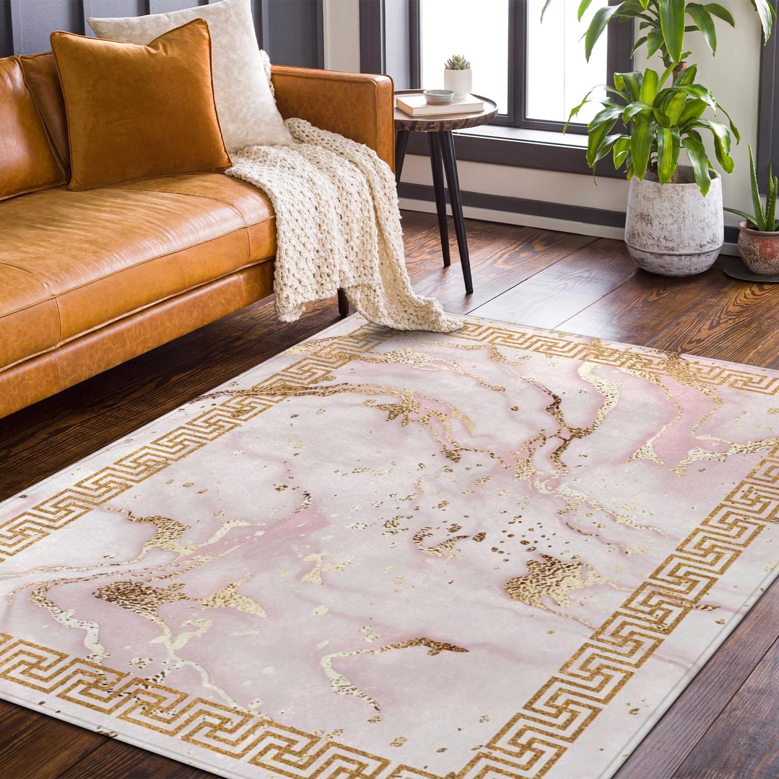 Pink Gold Marble Area Rug 7' x 5' Abstract Modern Golden Retro Border Marble Pattern Rugs Carpet Non-Slip, Ideal for High Traffic Areas in Living Room, Bedroom