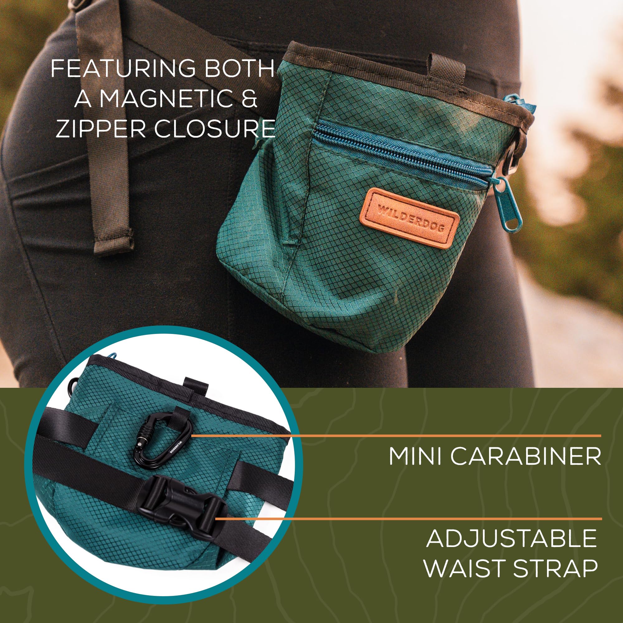 Wilderdog Leckerli-Tasche für Hundetraining, mit Magnetverschluss und Reißverschluss, Karabiner, Verstellbarer Hüftgurt, Grün