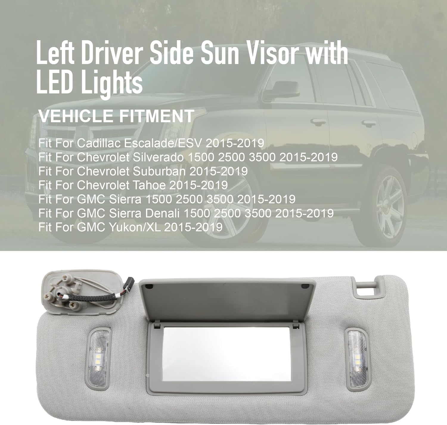 Sun Visor Left Side with LED Light Makeup Mirro Gray Fit for Chevrolet Silverado Suburban Tahoe GMC Sierra Denali Yukon Cadillac Escalade 2015-2019 Replace 22870346 23198866 23459655 23459654 84247192