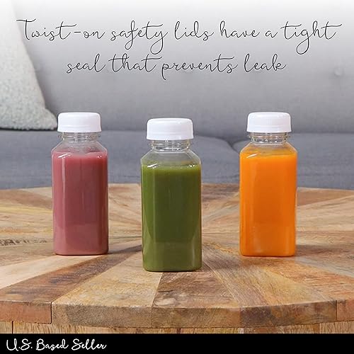 Miniatura 4 de Botellas pequeñas de plástico para jugo con tapas, paquete de 100 mini recipientes de agua de 8 onzas, botellas de plástico vacías con tapas para