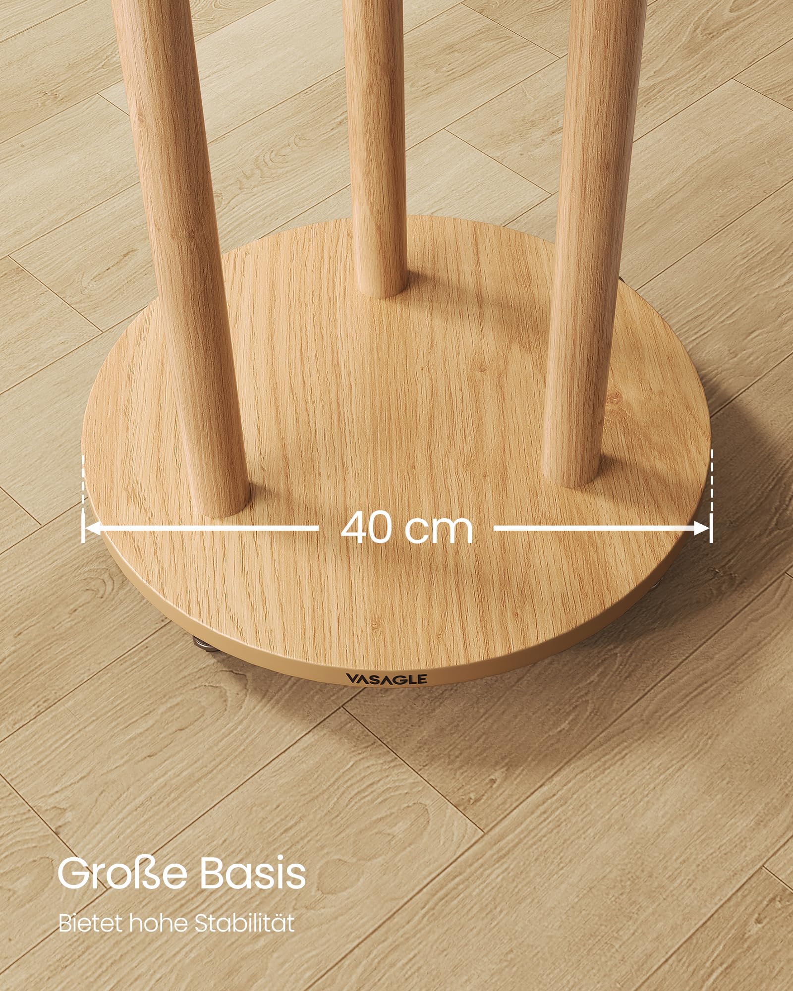 VASAGLE Garderobenständer, Kleiderständer mit 11 Haken und 3 Ablagen, 4 drehbare und abnehmbare Rollen, Haken und Haltestangen aus Massivholz, Eingang Schlafzimmer Wohnzimmer, naturfarben RCR023YK01