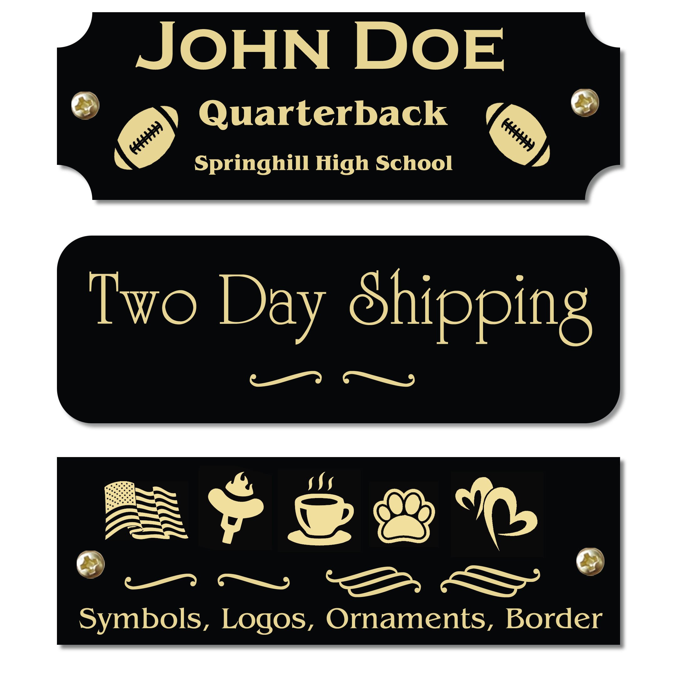 1" H x 3" W, Glossy Black Solid Brass Plate, Gold Character Personalized Custom Laser Engraved Polished Nameplate Label Art Tag for Frames Notched Square or Round Corners, Made in USA