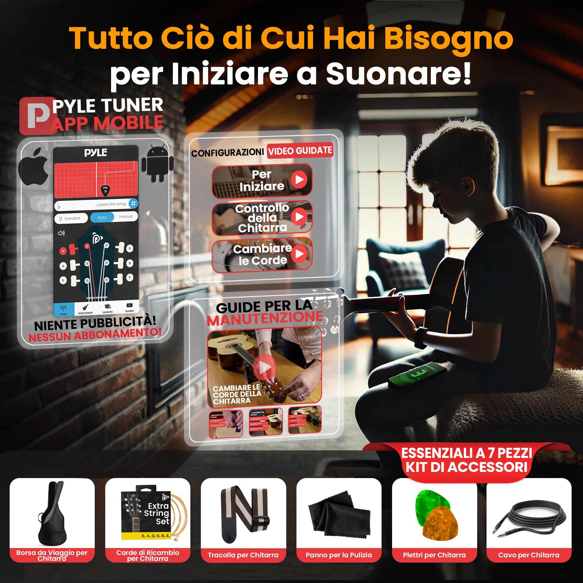 Pyle Kit Chitarra Elettrica Acustica 4/4 con Amplificatore Spalla, Legno Abete Rosso 1,04 m