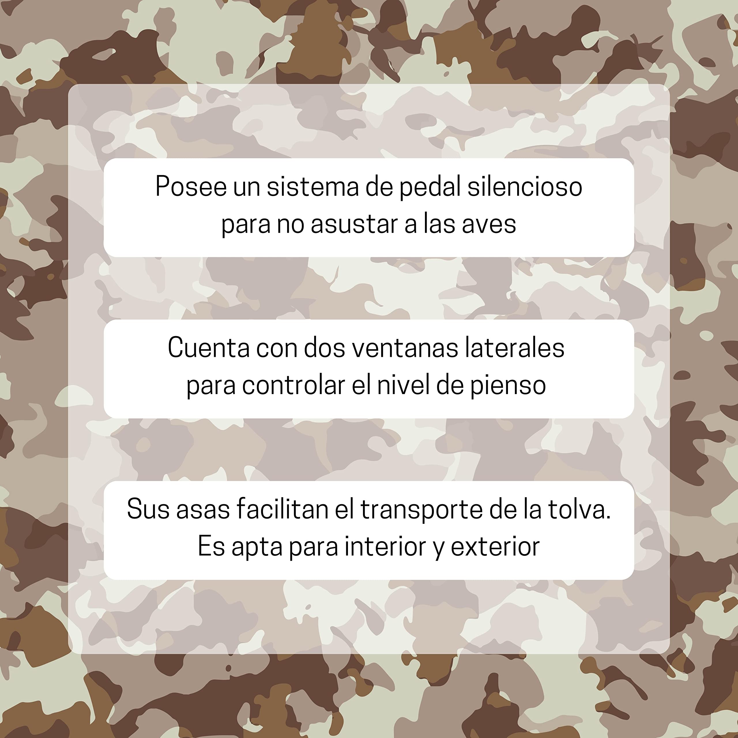 Tolva Autoservicio para Gallinas - Comedero AntiRatones y Antipájaros - Gran Capacidad (50 kg) - Pedal a Dos Caras - Diseño Camuflaje