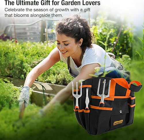 Miniatura 7 de Juego de herramientas de jardín, 7 piezas de herramientas de jardinería con taburete plegable resistente y bolsa de herramientas de jardín