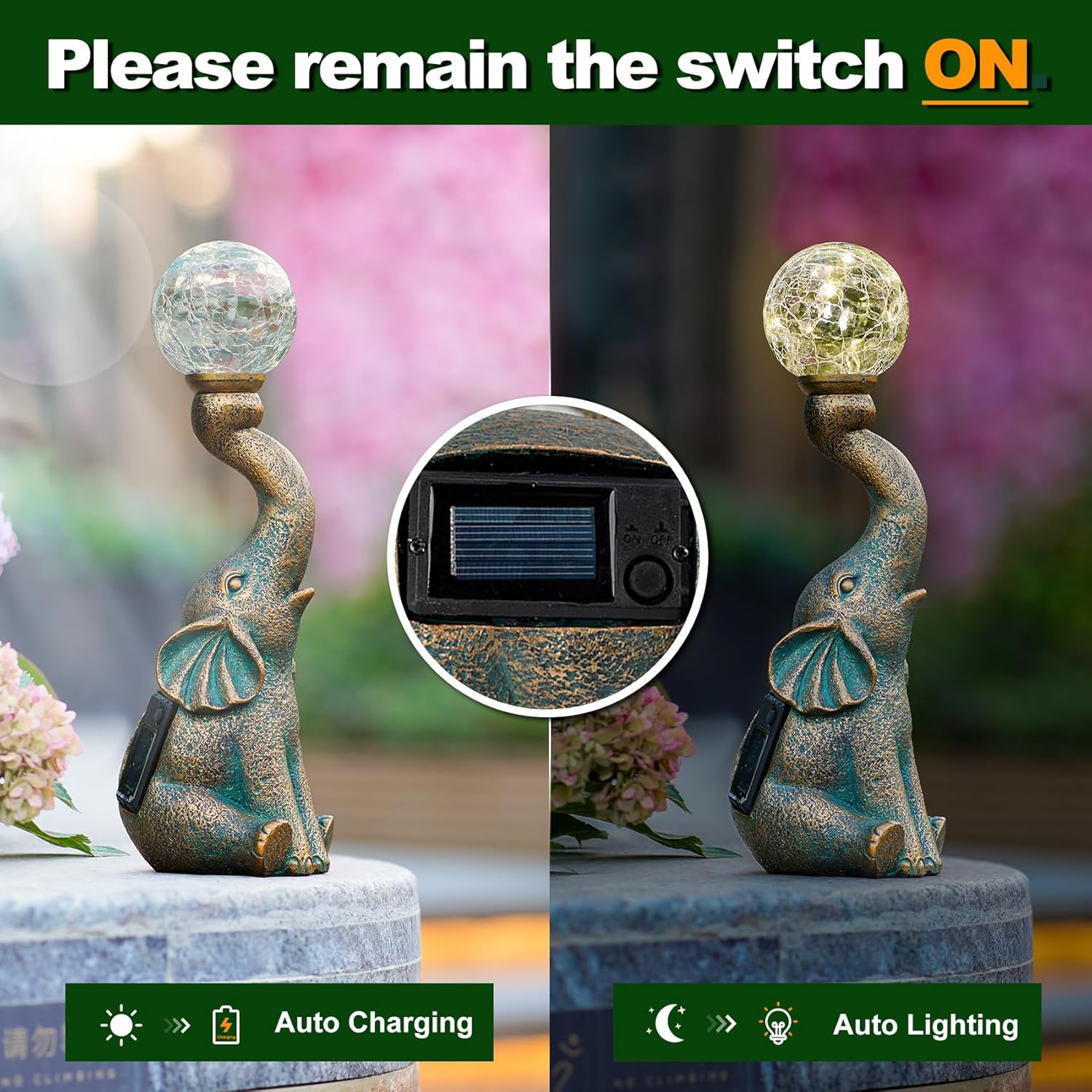 Solar Outdoor Elephant Statue Gifts Garden Decoration Lights with 8 LED Crackle Ball, Lucky Elephant Sculpture for Yard Patio, Birthday Gifts for Mom Outdoor & Home Housewarming Decor