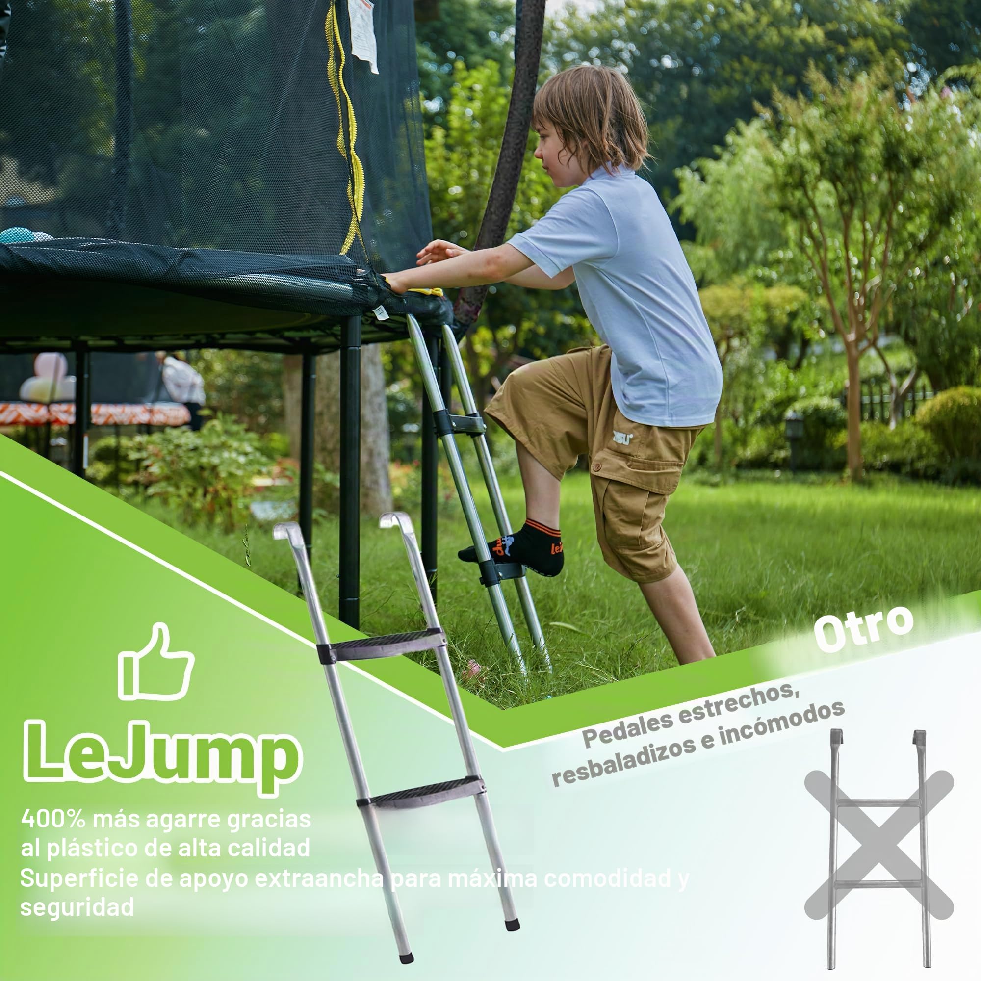 LeJump Cama Elástica Exterior de 235/305/366 cm, Cama Elástica de Jardín para Niños con Red de Seguridad Alta y Escalera, Camas Elásticas Certificadas GS, Capacidad Máxima 100/150 kg