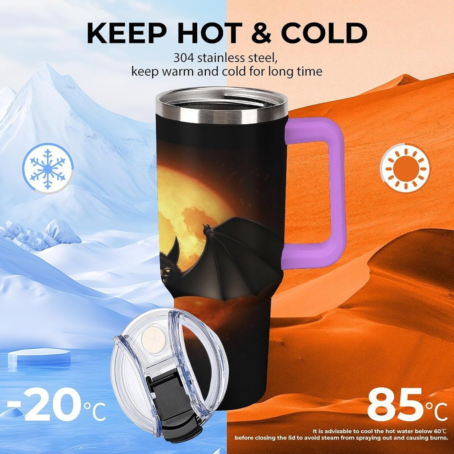 Halloween Bat Travel Coffee Mug Reusable Durable Stainless Steel Insulated Tumbler with Handle And Straw Leak Resistant Portable Thermal Cup Gifts for Men Women 40 Oz