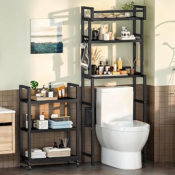 Recaceik 6-Tier Over The Toilet Storage Shelf with Cart, Freestanding Above Toilet Shelf Rack, Farmhouse Bathroom Organizer Shelves, Space Saver Black