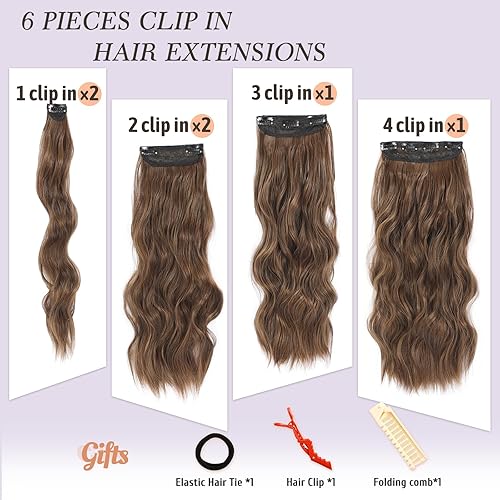 Miniatura 3 de NAYOO Extensiones de cabello con clip, de 20 pulgadas, largo, ondulado, rizado, marrón medio, extensión de cabello sintético de cabeza completa (6