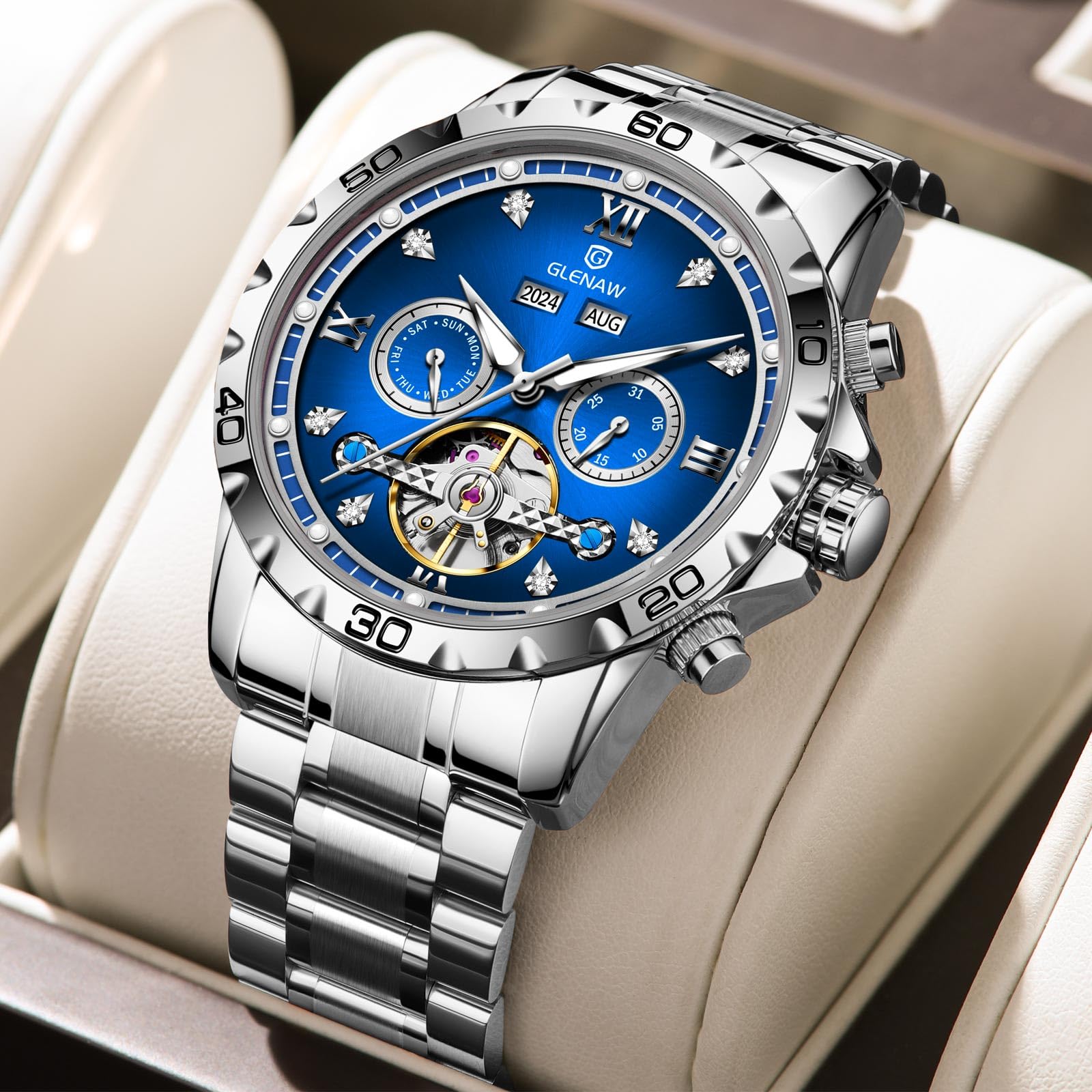 GLENAW Automatikuhr für Herren, Skelett, römische Ziffern, Diamant-Zifferblatt, Edelstahl, wasserdicht, Tag, Datum, Business, Freizeit