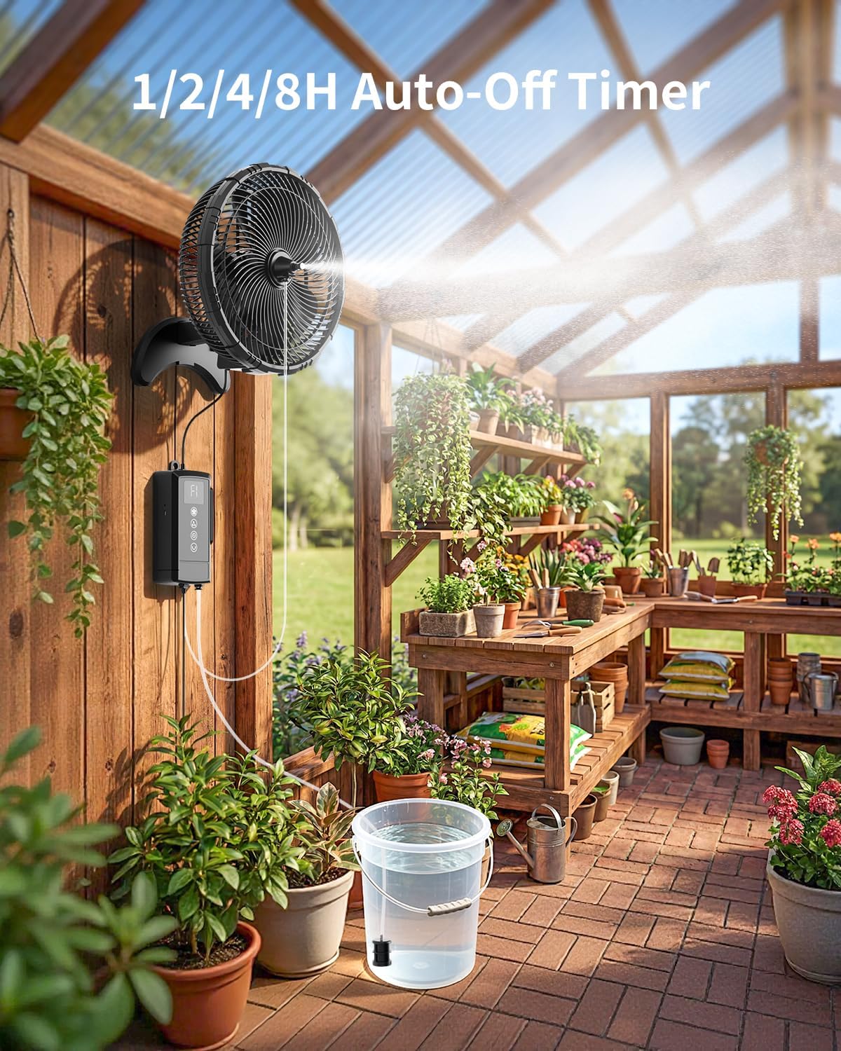 12” Wall Misting Fan with Remote, Built-in Pump No Faucet Needed, 3 Speed & 3 Mist Modes, Black Quiet Wall Fan for Patio, Gazebo, Deck, Porch, Garage