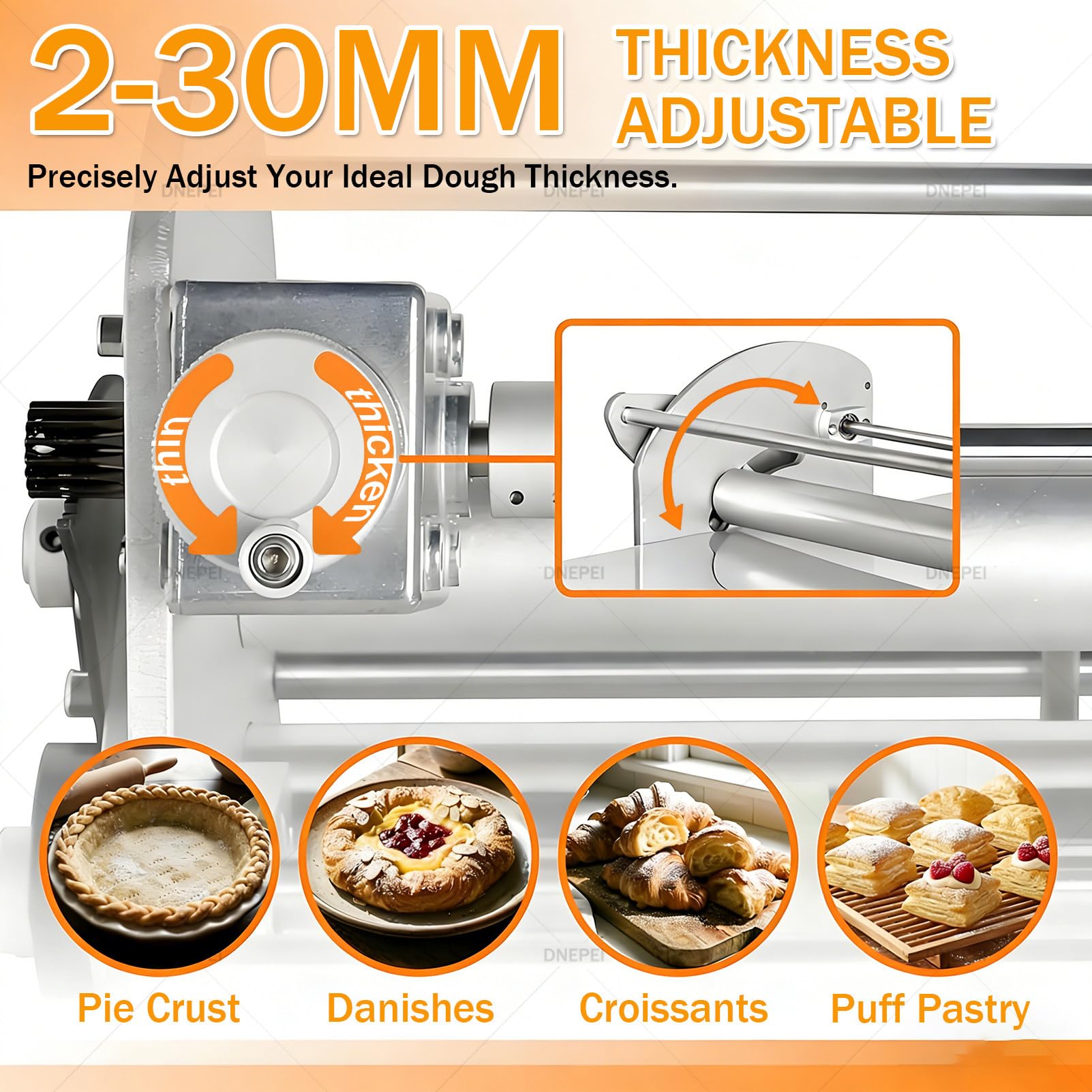 Sfogliatrice elettrica per la cottura domestica, struttura in acciaio inossidabile, controllo dello spessore da 2 a 30 mm, ideale per croissant, pasta fresca, pasta fresca