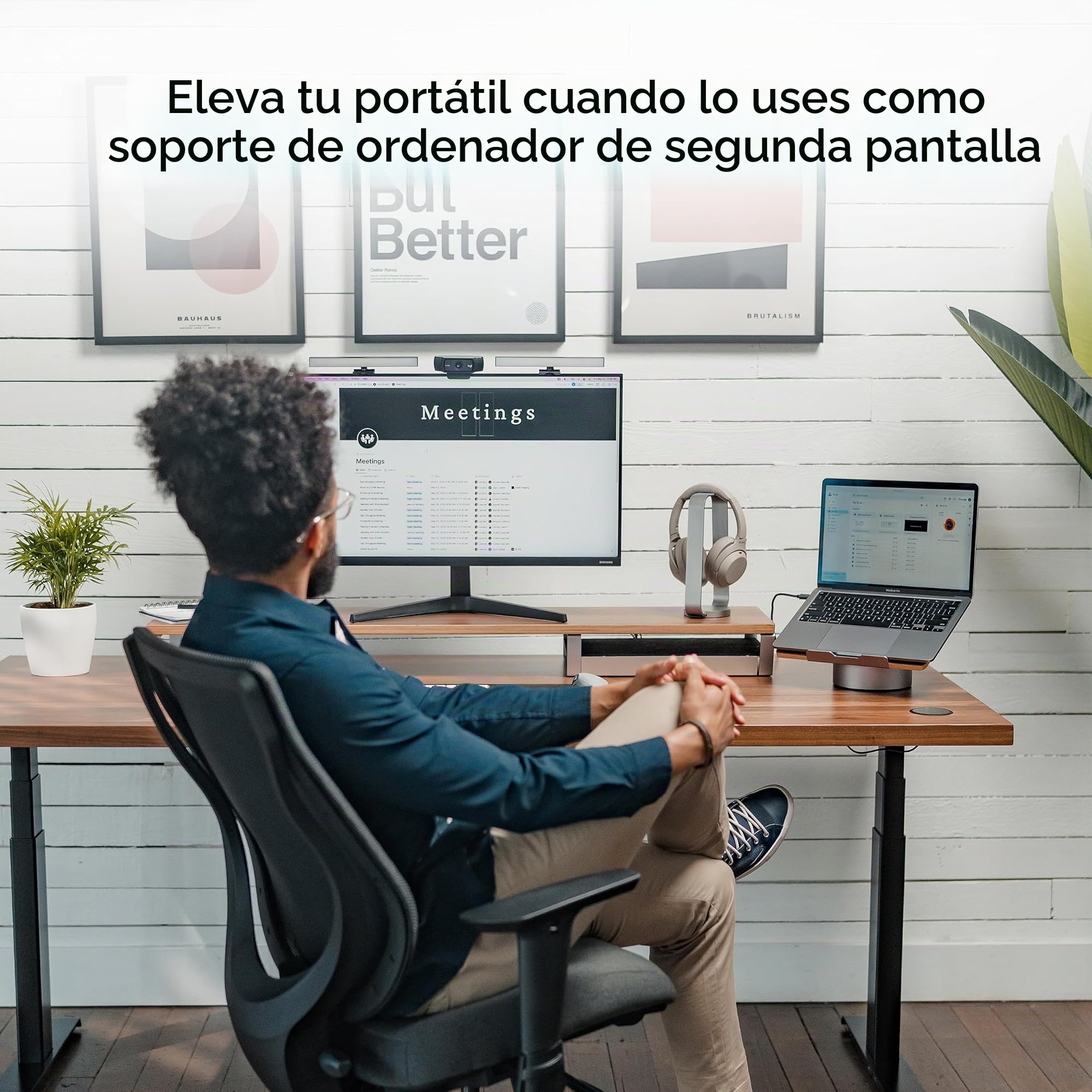 HumanCentric Soporte para computadora portátil para Escritorio – Elevador para computadora portátil en Aluminio Gris Espacial, Compatible con MacBook, Soporte ergonómico de Madera de Nogal Negro
