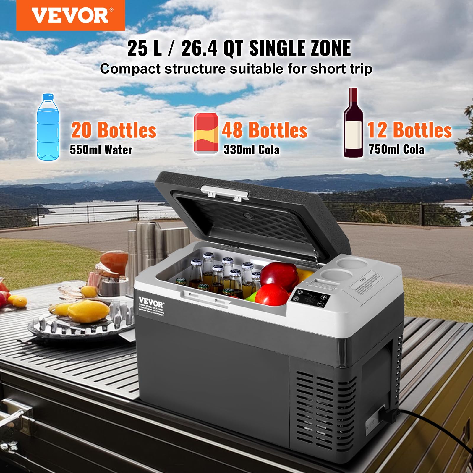 VEVOR Réfrigérateur Portable à Compression 25 L, Mini Frigo de Voiture 12/24 V CC et 100-240 V CA, Glacière à Zone Unique, -20 °C à 20 °C Température Réglable, pour Camion Bateau Maison Camping