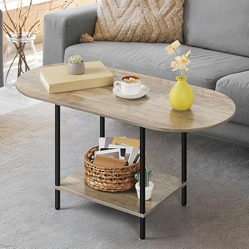 Miniatura 9 de Mesa de centro ovalada de estilo rústico con almacenamiento, mesa central de dos niveles de madera para sala de estar, mesa de centro moderna de