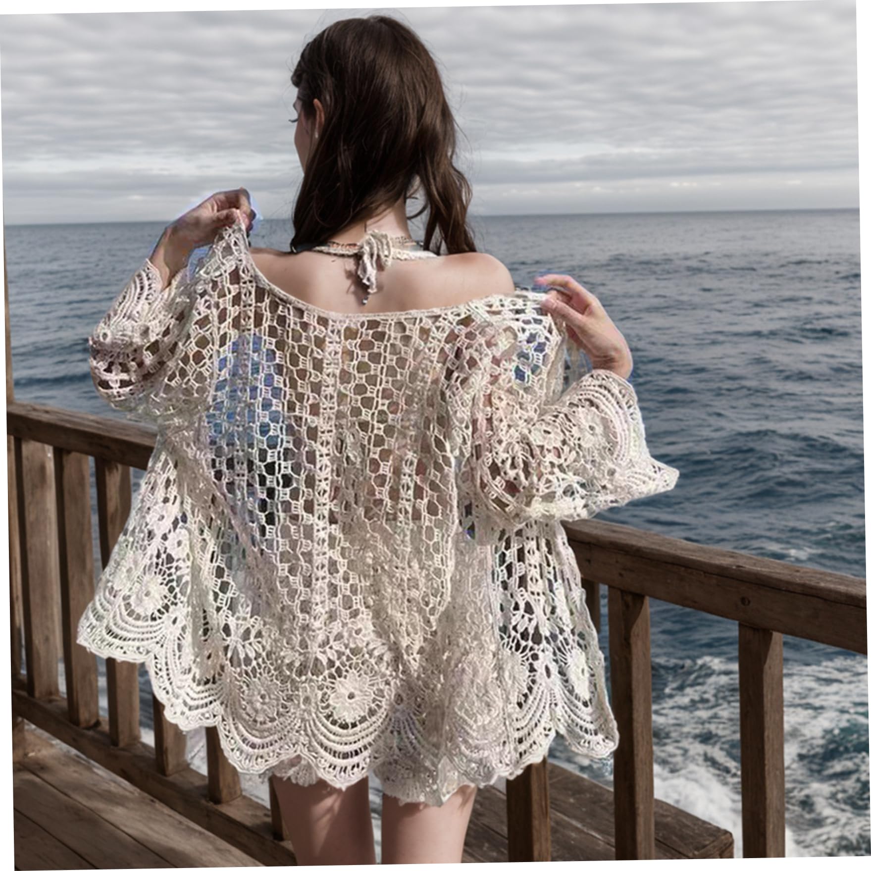 Cardigan Estivo per Donne, Copertura a Manica Lunga all'Uncinetto, Kimono in Maglia Boho Leggero (Una Taglia)