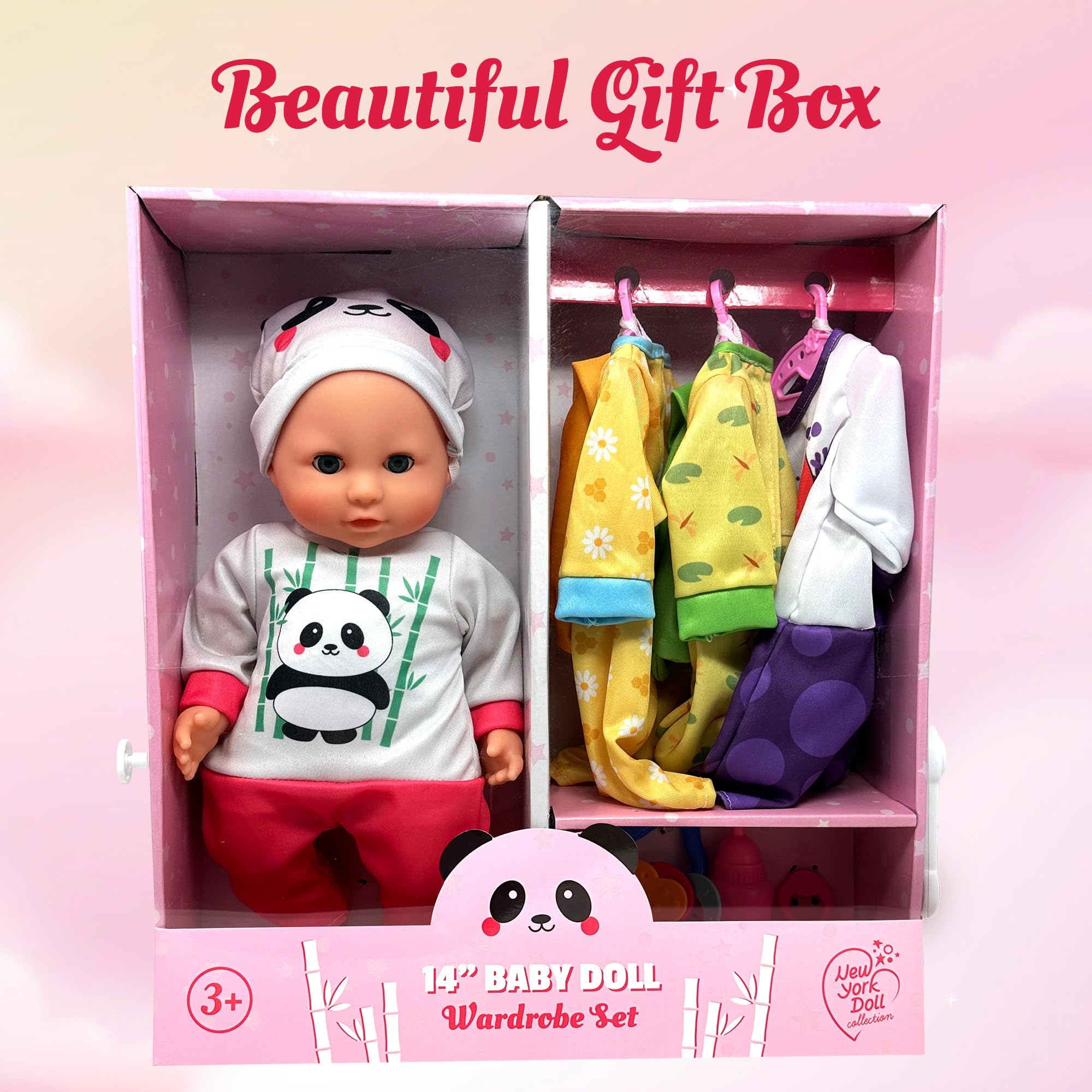 Muñeca de bebé de cuerpo suave con accesorios y 4 juegos de trajes de animales, muñeca realista con ropa y juguetes, juego de muñecas de 14 pulgadas, armario de armario, muñecas de bebé para niñas 7