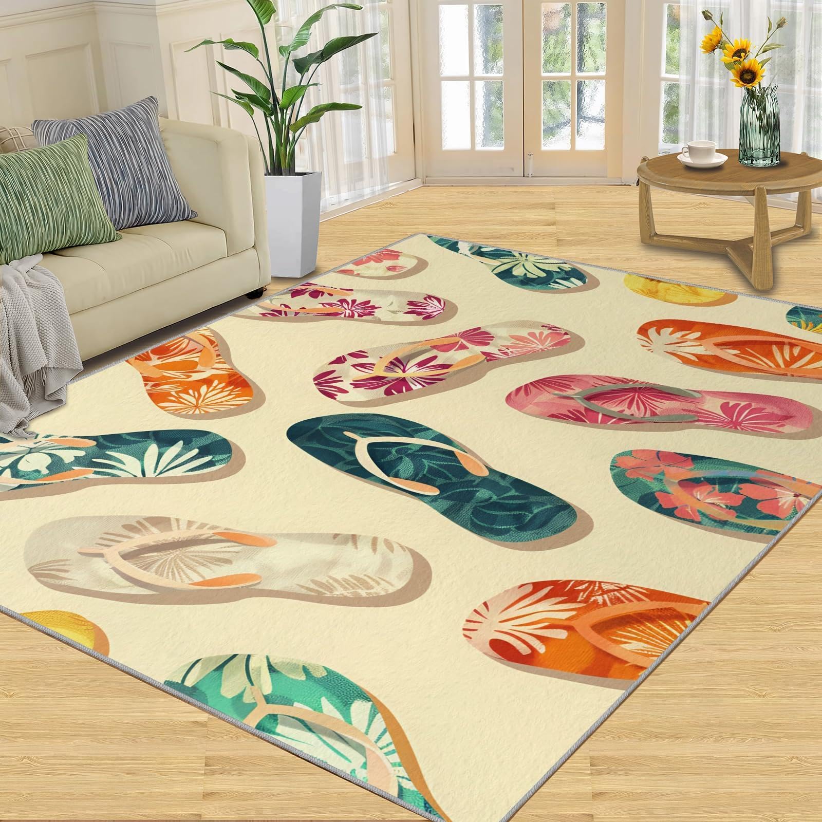 Tapis de sol antidérapant motif tongs grand tapis de plage lavable de 160 x 220 cm