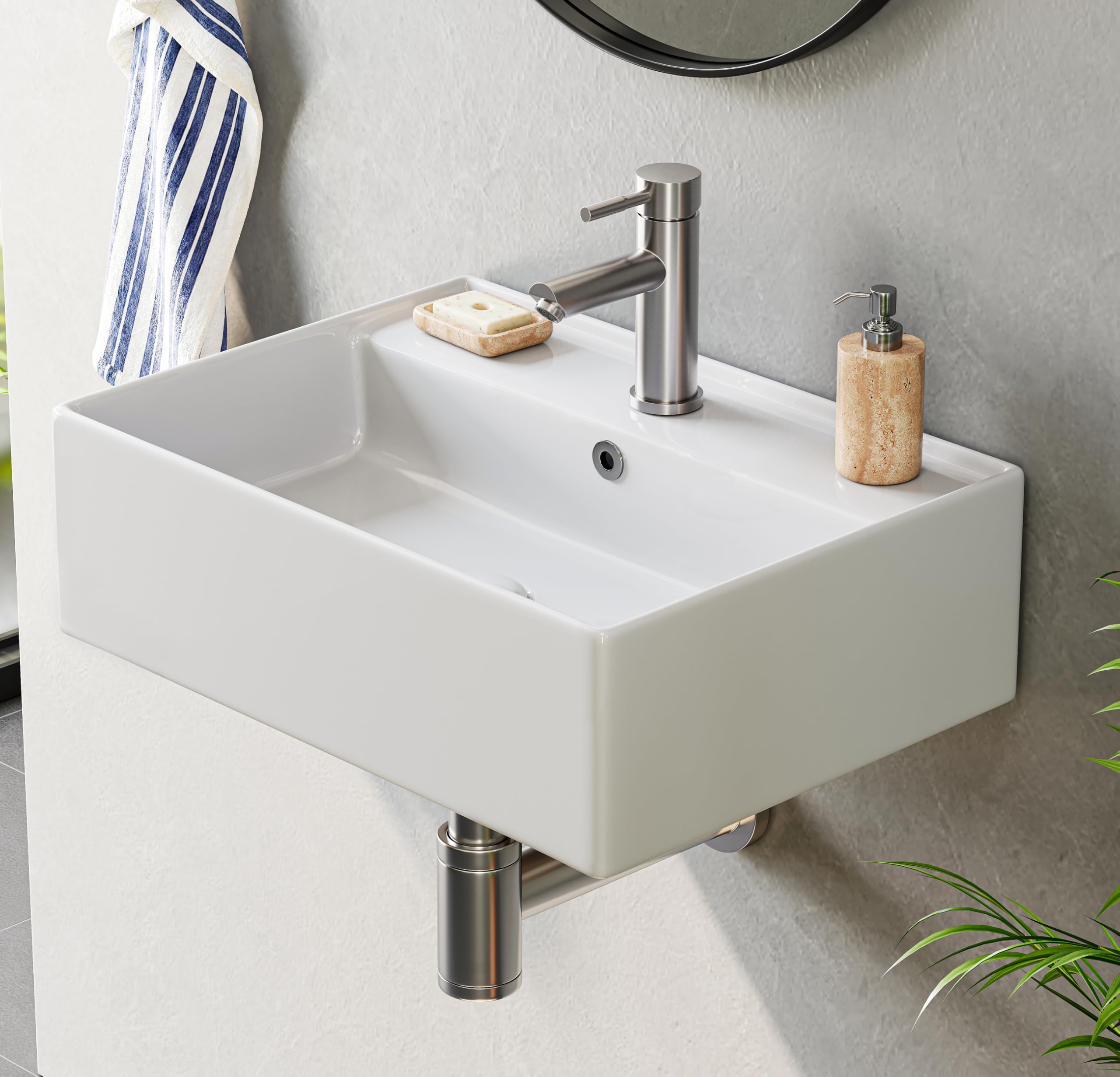 HOROW Lavabo pequeño blanco cuadrado de pared para invitados, lavabo colgante o lavabo, lavabo con orificio para grifo, 45 x 31 cm, sin grifo