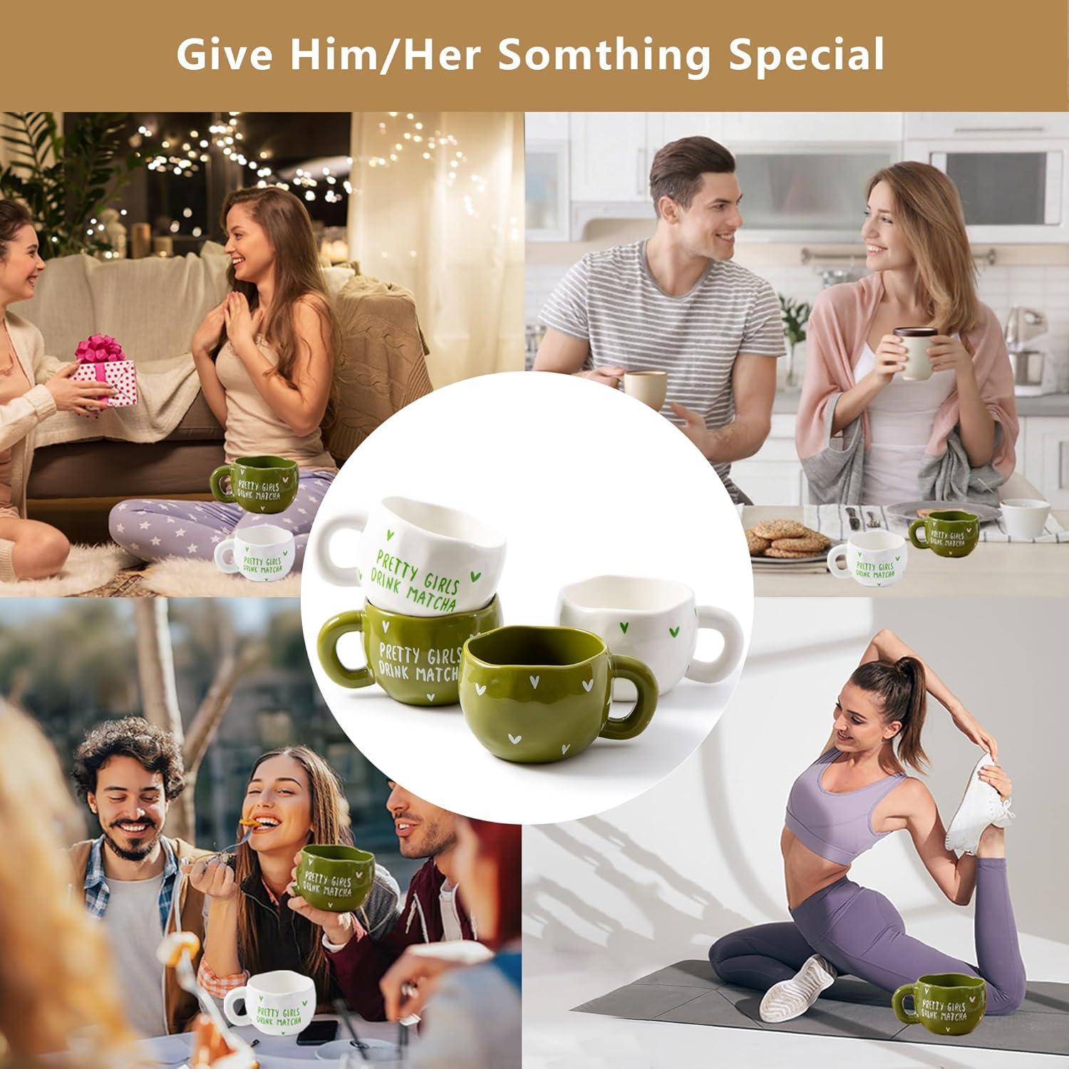 4pcs Cute Ceramic Coffee Mug, 9.4OZ White Green Porcelain Tea Mugs, Ceramic Cup Sets for Matcha Lovers, Dishwasher & Microwave Safe, Unique Gift(Matcha) - Image 6