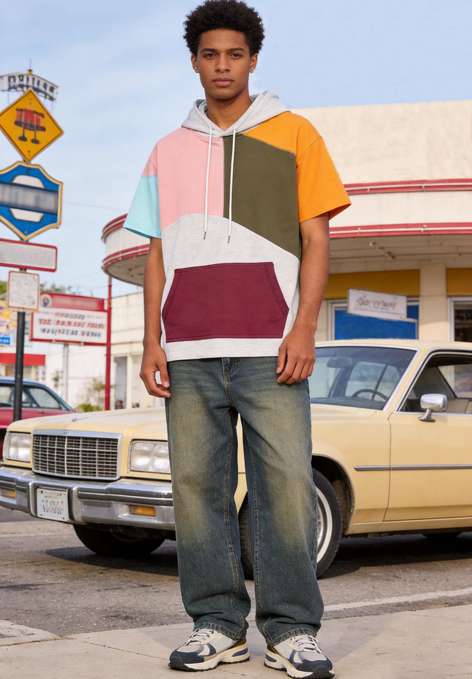 Sweat Manche Courte Homme Coton Tee Shirt à Capuche Color Block Pull à Capuche L'été Hoodie
