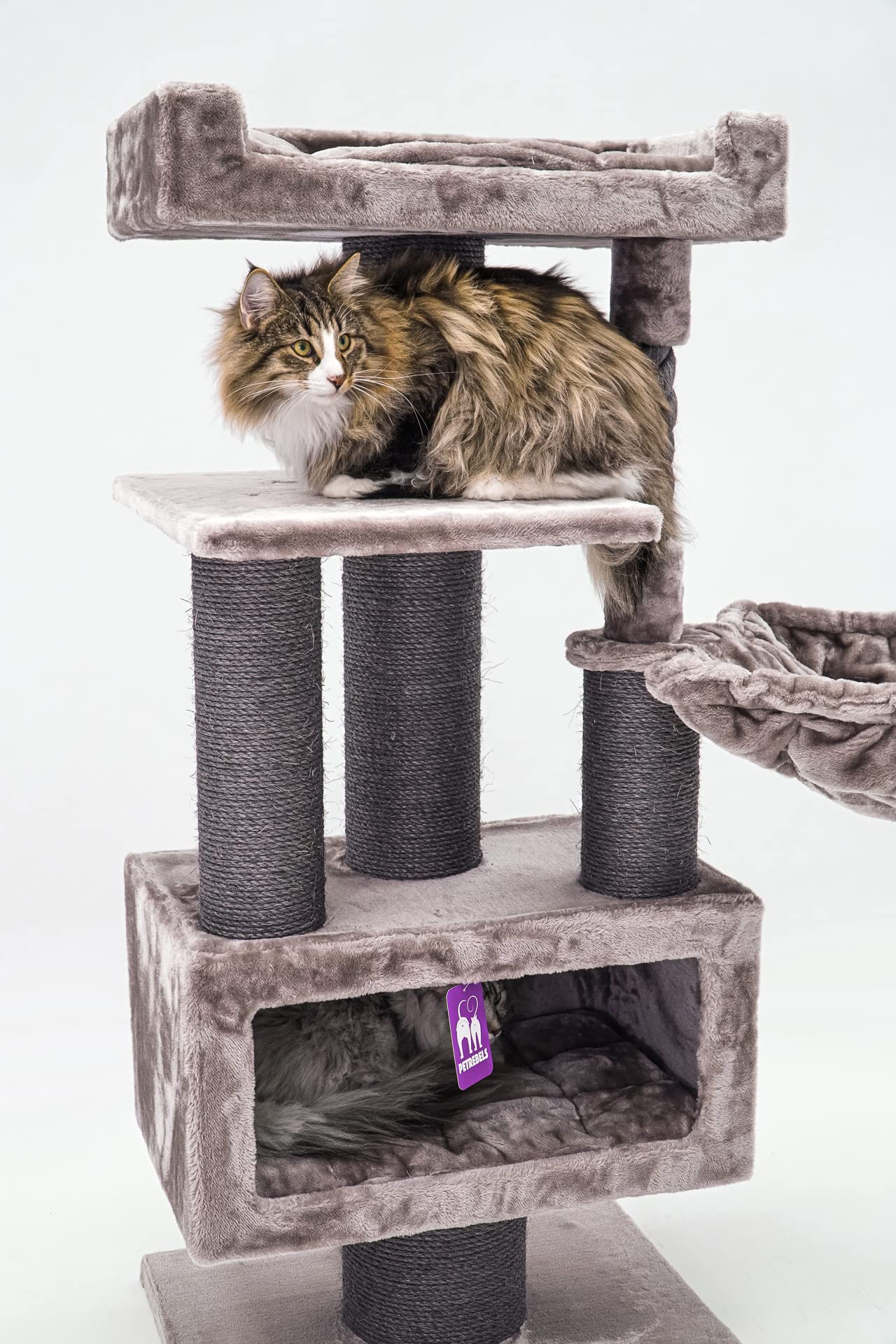 Petrebels Kratzbaum für Katzen 131 cm, Katzenbaum Stabil mit Sisalstämmen, Höhle, Hängematte und Liegeflächen, Parklane 131, Katzenkratzbaum für große und schwere Katzen, Cappuccino