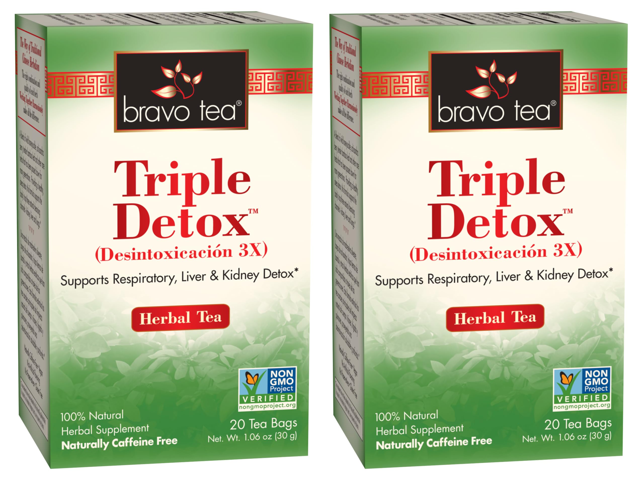 Bravo Tea Triple Detox Herbal Tea Caffeine Free, 20 Tea Bags, 2 Count