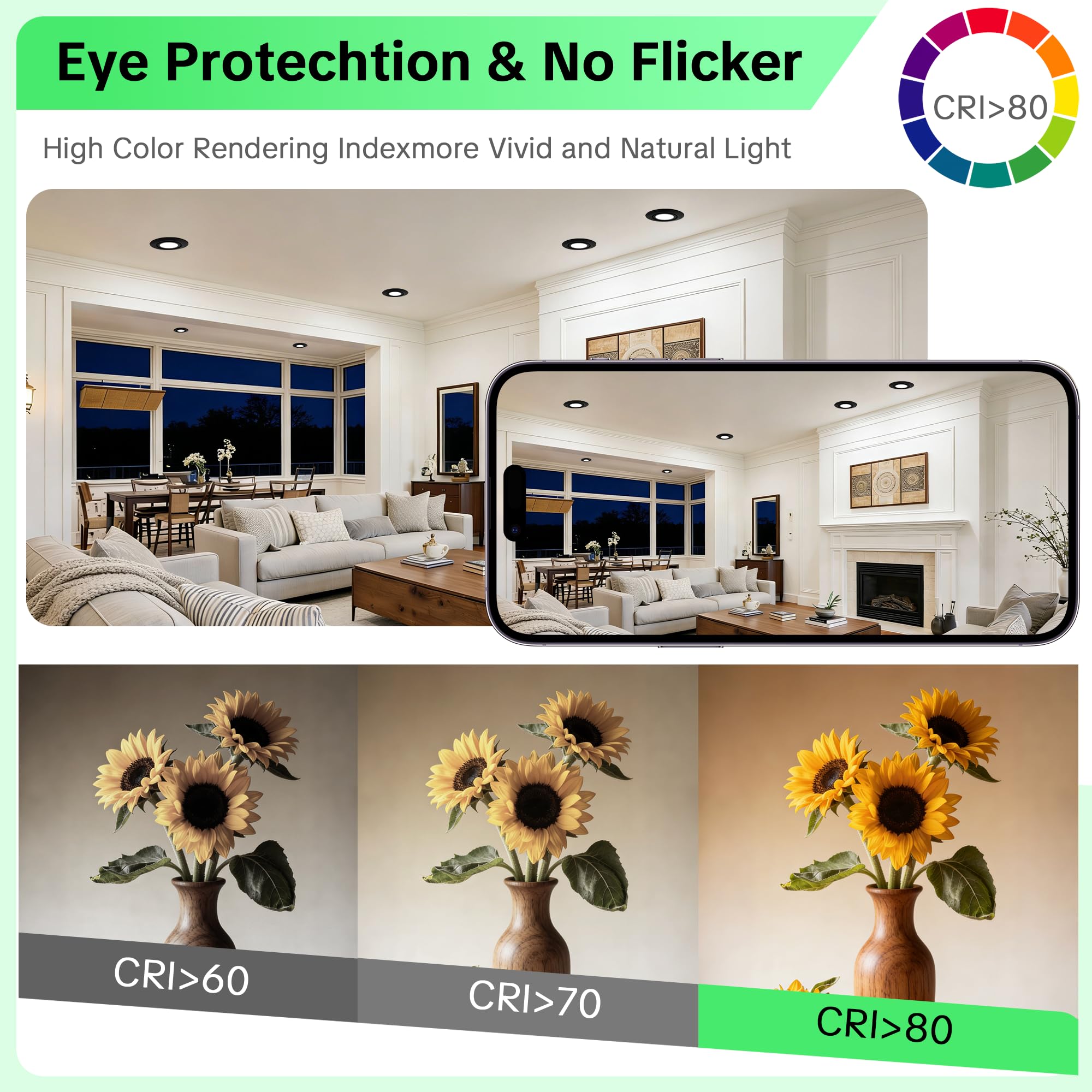 Focos empotrables LED, 230 V, regulables, 6 W, IP44, diámetro 68 mm, giratorios 38°, temperatura de color 3000 K/4000 K/6000 K, para baño, planos, negro, 10er