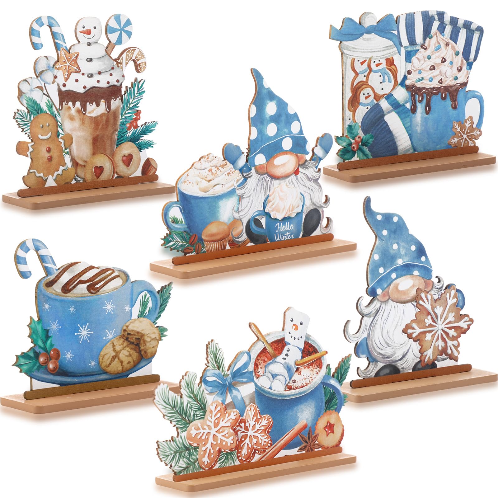 Blosssound 6 Pcs Winter Hot Cocoa Table Decor Christmas Gnome Centerpieces Wonderland Wooden Sign Table Decorations for Home Office Xmas Winter Holiday Theme Party Decor