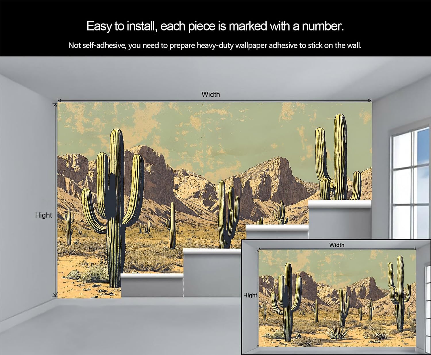 Desert Wallpaper Mural, Cactus Photo Wall Mural, Wall Stickers Wallpaper for Living Room Bedroom TV Background Office Decor - 98.4" W x 68.9" H