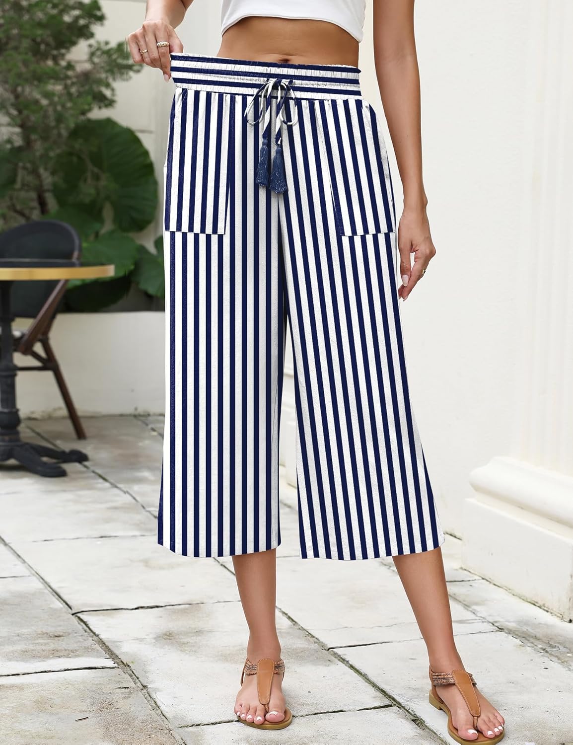 LOMON Women's Linen Capri Pants Wide Leg with Drawstring Elastic Waist Casual Cropped Pant - Image 5