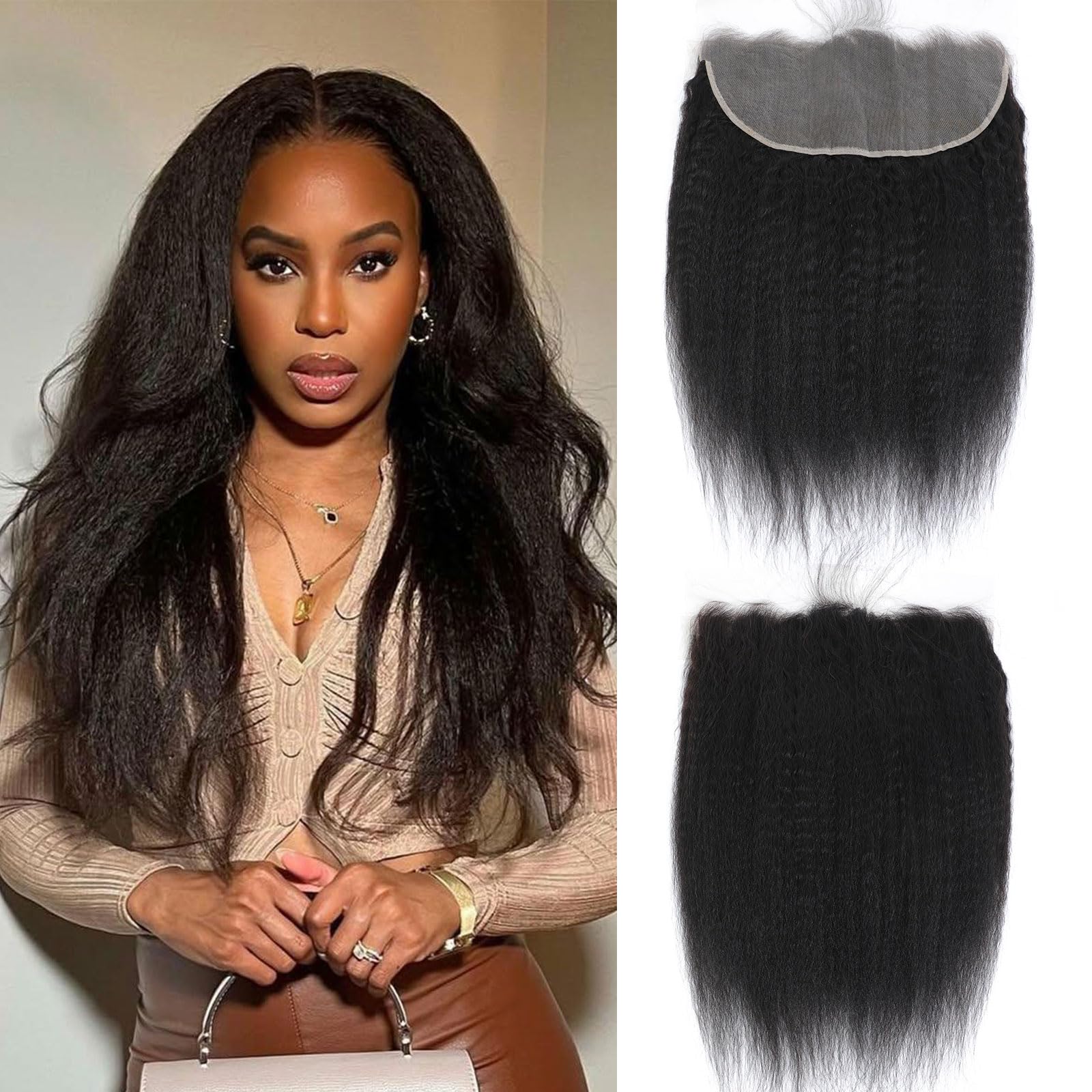 DSEKCAIN 13x6 Frontal Kinky Straight HD Lace Frontal Human Hair Transparent HD Lace Yaki Straight Frontal Closure 100% Human Hair Ear to Ear Lace