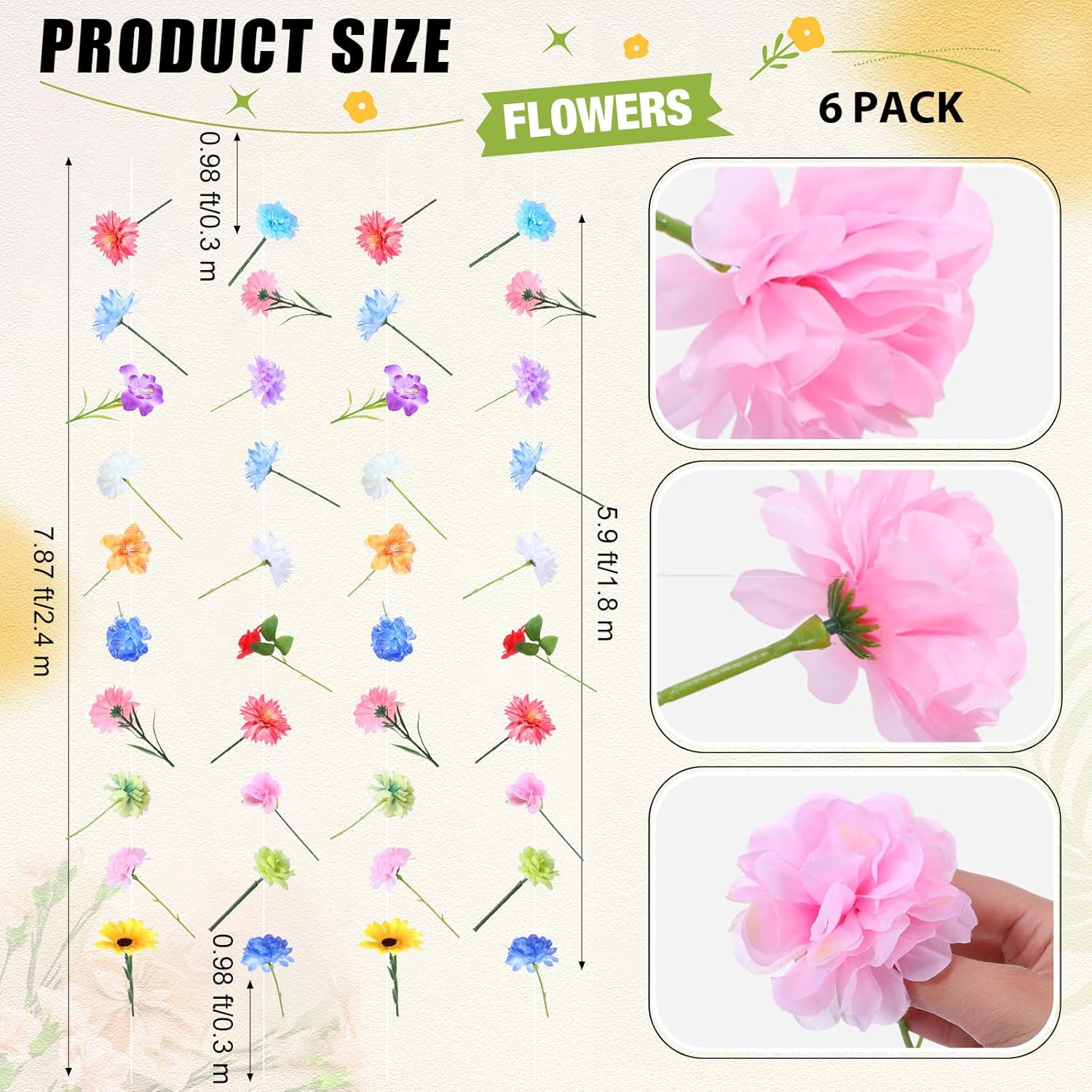 6 Pack 47.24 ft Flower Garland Hanging Decorations Floating Flowers Backdrop Wildflower Garland Artificial Fake Floral Vines Bead Chain Spring Summer Floral Party Wall Decor (Wild Flower)