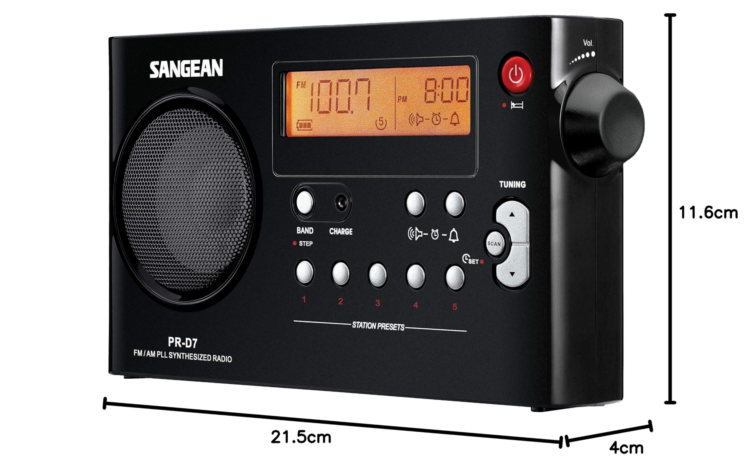 Sangean PR-D7 - Radio portátil (Pantalla LCD de 3.3" , 7.2 voltios, Inalámbrico y alámbrico), Negro