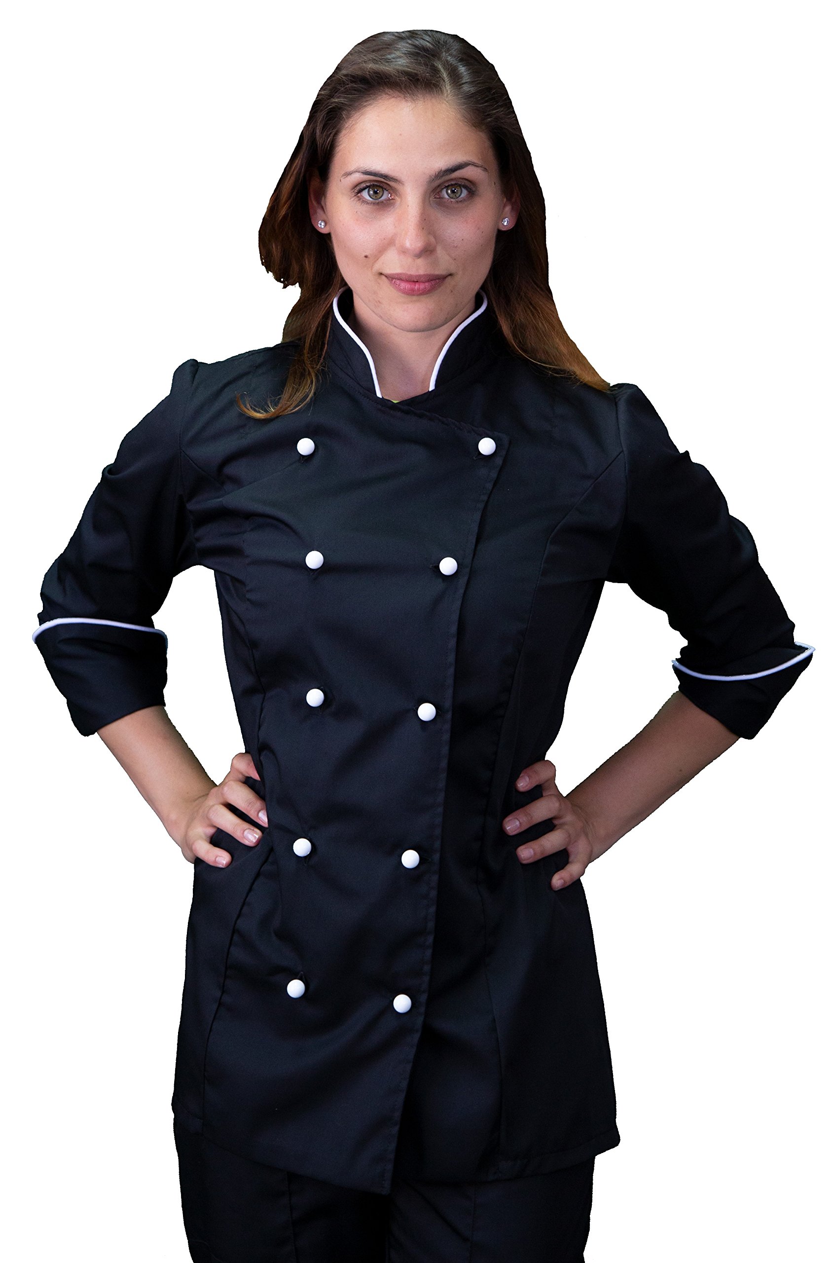 Ricamo Gratuito - Completo Cuoco da Cucina - Nero e Bianco - Divisa Chef Donna - Pantalone, Giacca e Grembiule - Made in Italy