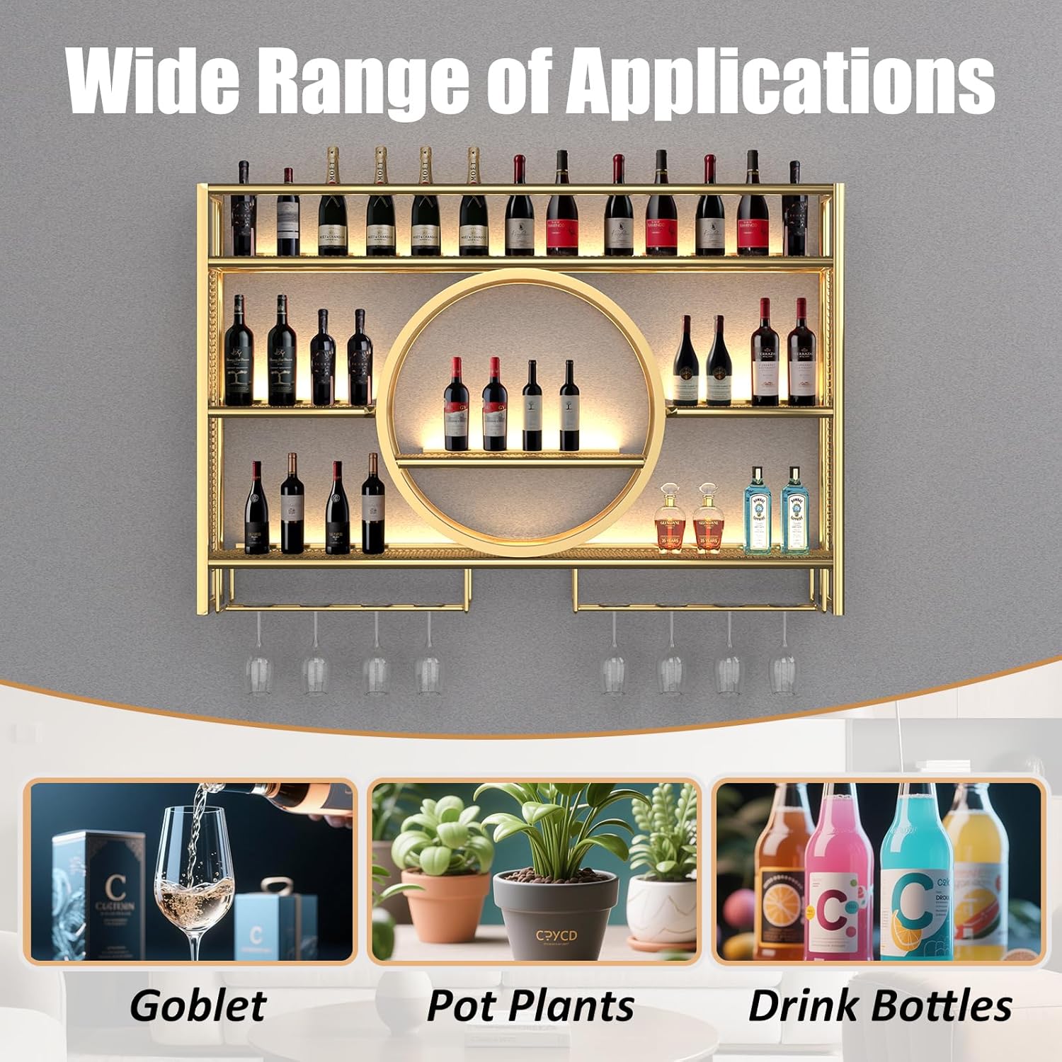 Metal Wine Rack Wall Mounted with LED Light, 3-Tier Bar Liquor Shelf with Wine Glass Holder, Modern Large Capacity Liquor Bottle Display Storage Shelf for Home Bar, Dining Room(Gold, 100 * 80 * 15) - Image 7