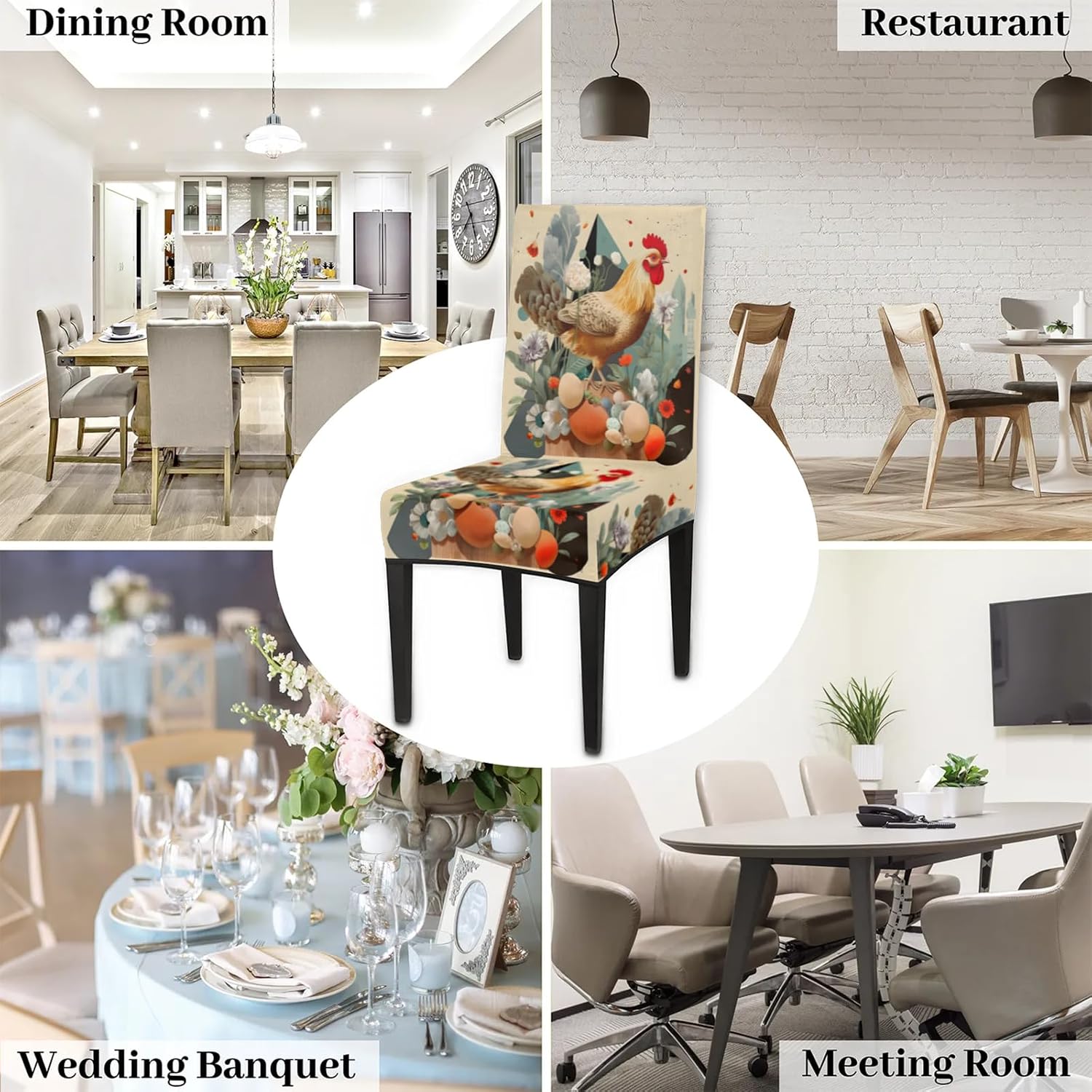 QsirBC Vintage Rooster Flower Stretch Dining Room Chair Covers Set of 6 Chair Slipcovers Removable Washable Kitchen Seat Covers Chair Protectors for Hotel Party Wedding