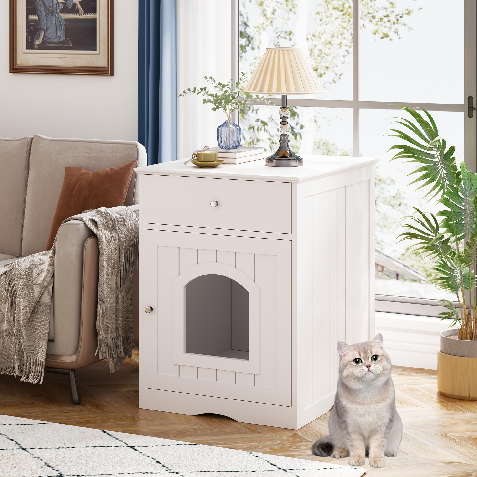 Litter Box Enclosure, Hidden Cat Litter Box Cabinet with Drawer, Wooden Pet Crate, Litter Box Furniture as Cat House, End Table, Fit Most of Litter Box (White) - image 2